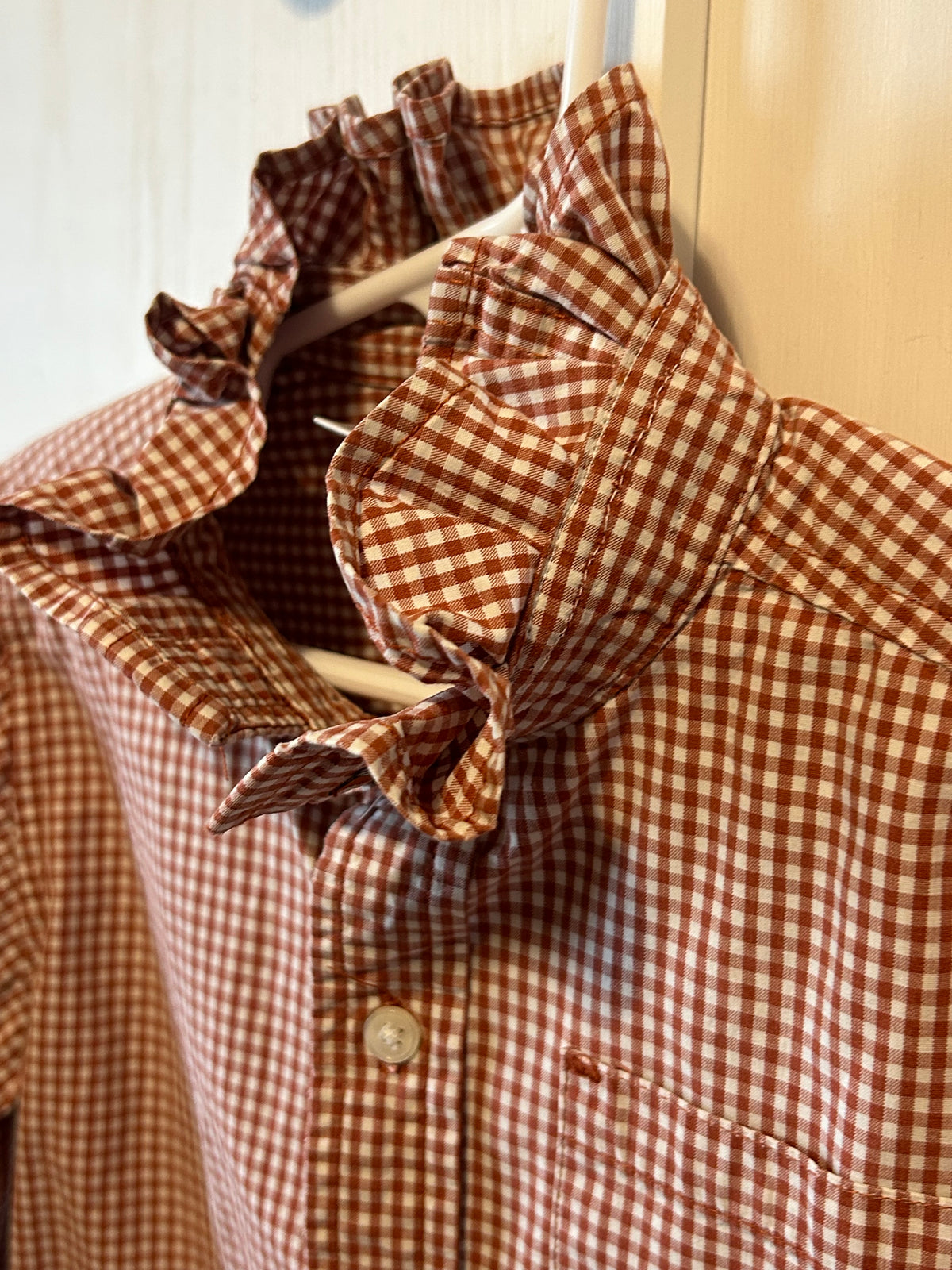 Little Girls Up-Cycled Gymboree Red check Shirt with matching Ruffled collar. Size 4T