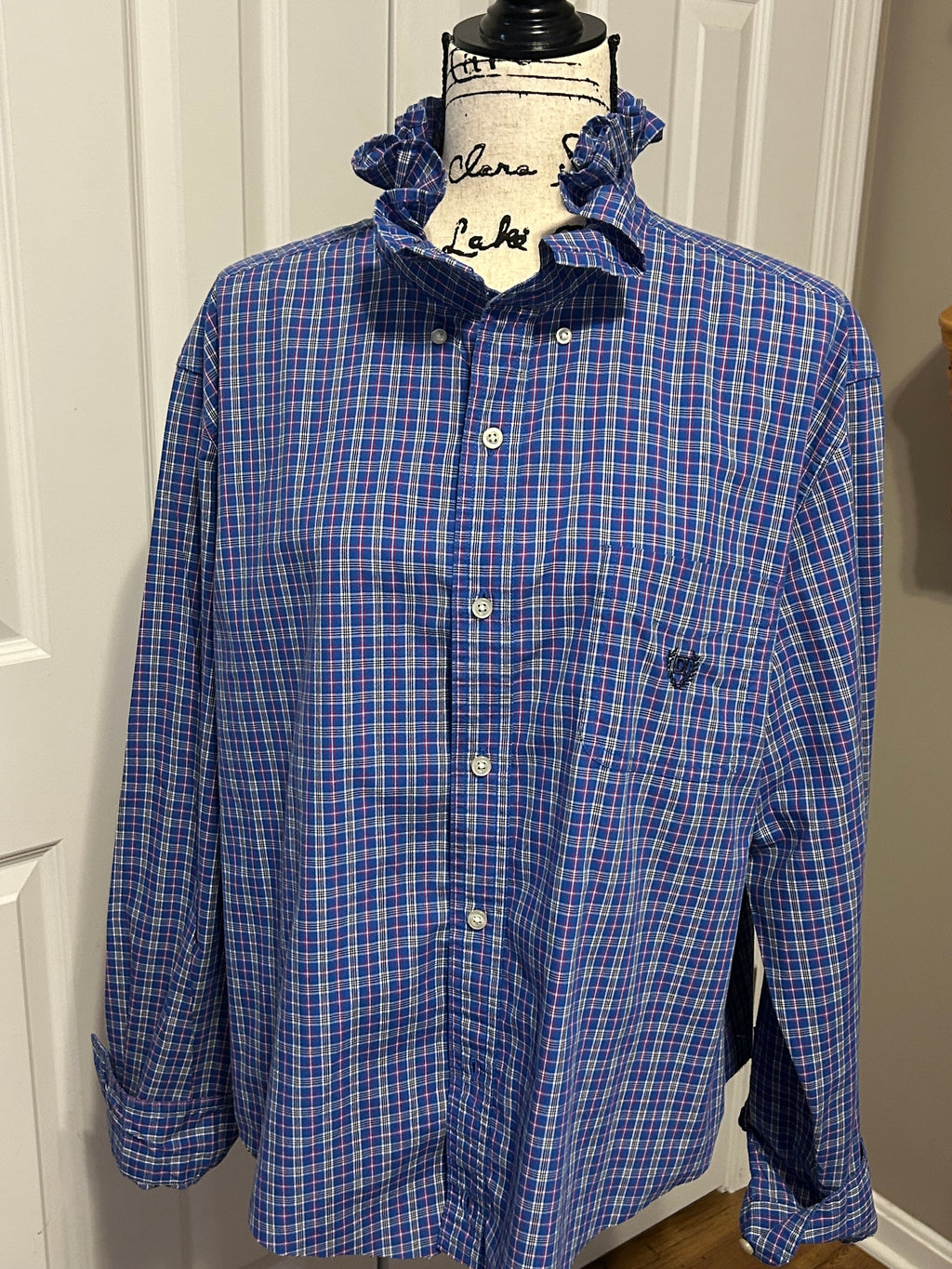 Ladies Up-Cycled Chaps Blue Plaid Shirt with a Ruffled Collar. Size XL.