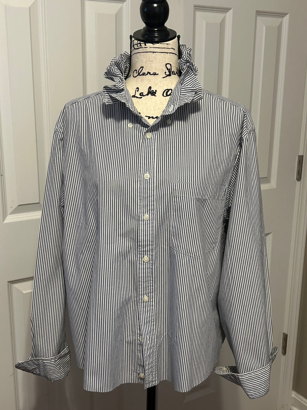 Ladies Up-Cycled Gap Dark Navy Blue and White striped Shirt with Ruffled Collar. Size XXL