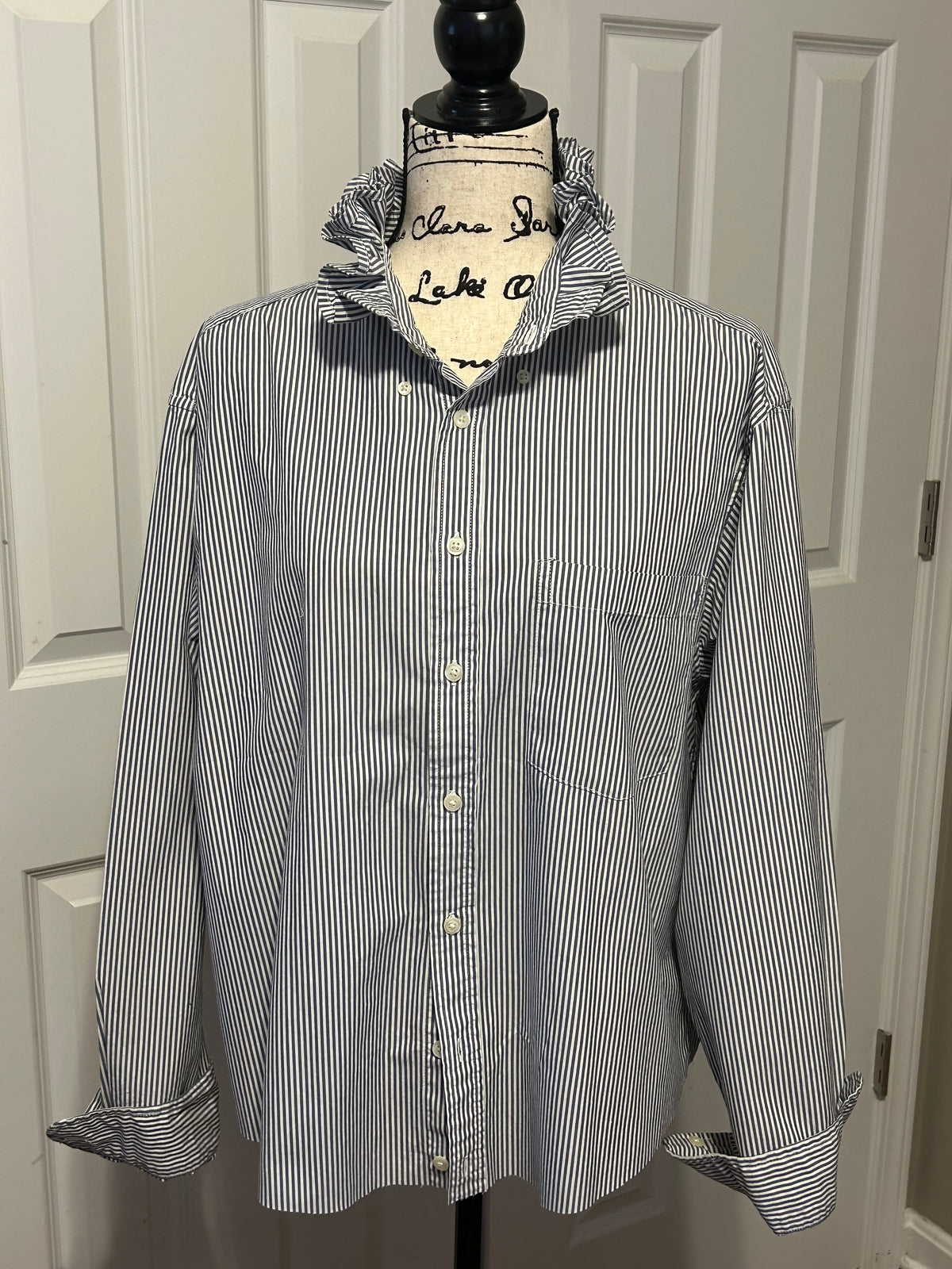 Ladies Up-Cycled Gap Dark Navy Blue and White striped Shirt with Ruffled Collar. Size XXL