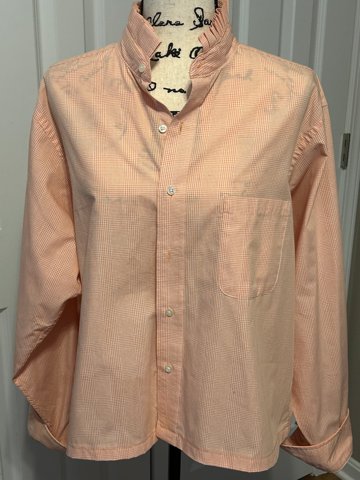 Ladies Up-Cycled Chaps Orange Plaid Shirt and a Plaid Ruffled Collar. Size XL
