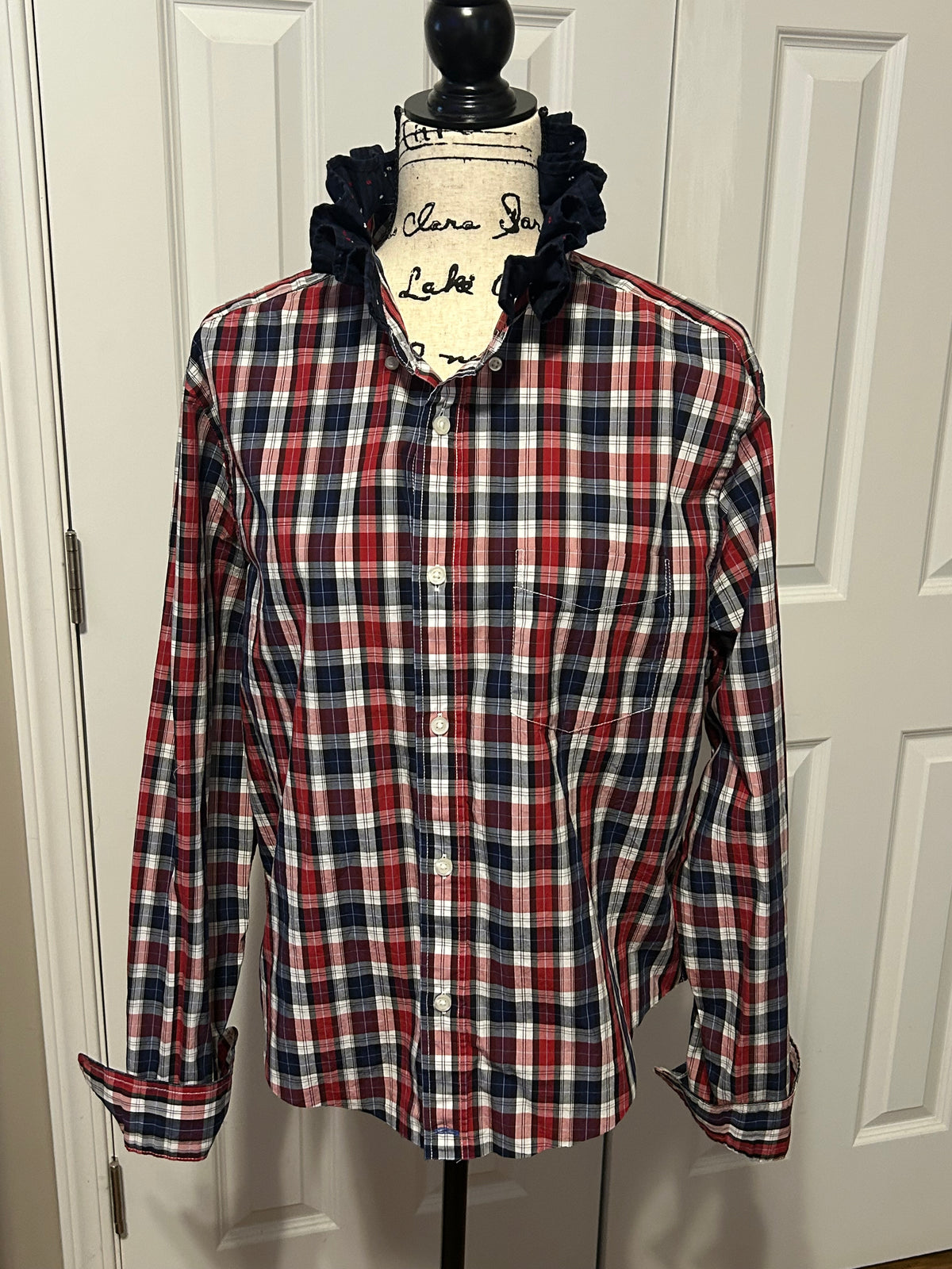 Ladies Up-Cycled Gap Red and Navy Blue Plaid Shirt with a Ruffled Navy Blue Collar with Blips of Red and White Colors. Size L