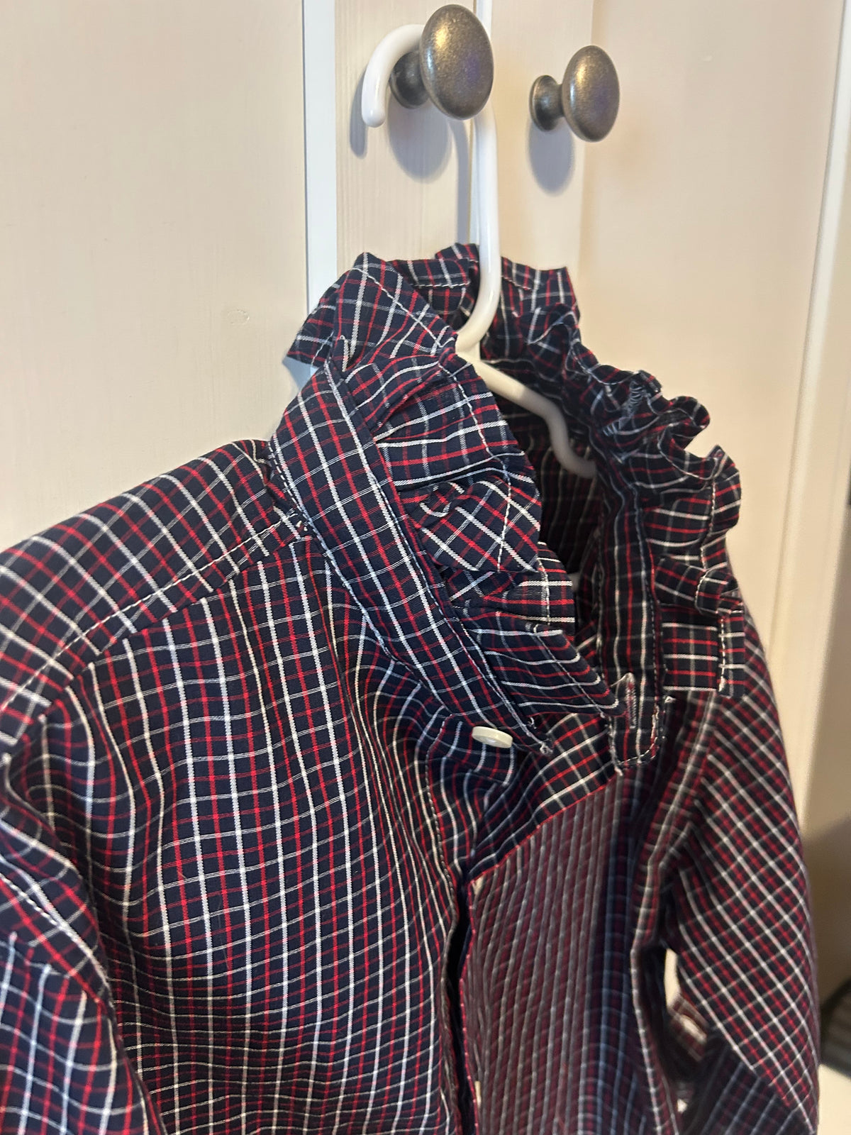 Little Girls Up-Cycled Nautica Navy Blue Plaid Shirt with matching Plaid Ruffled collar. Size 6/7