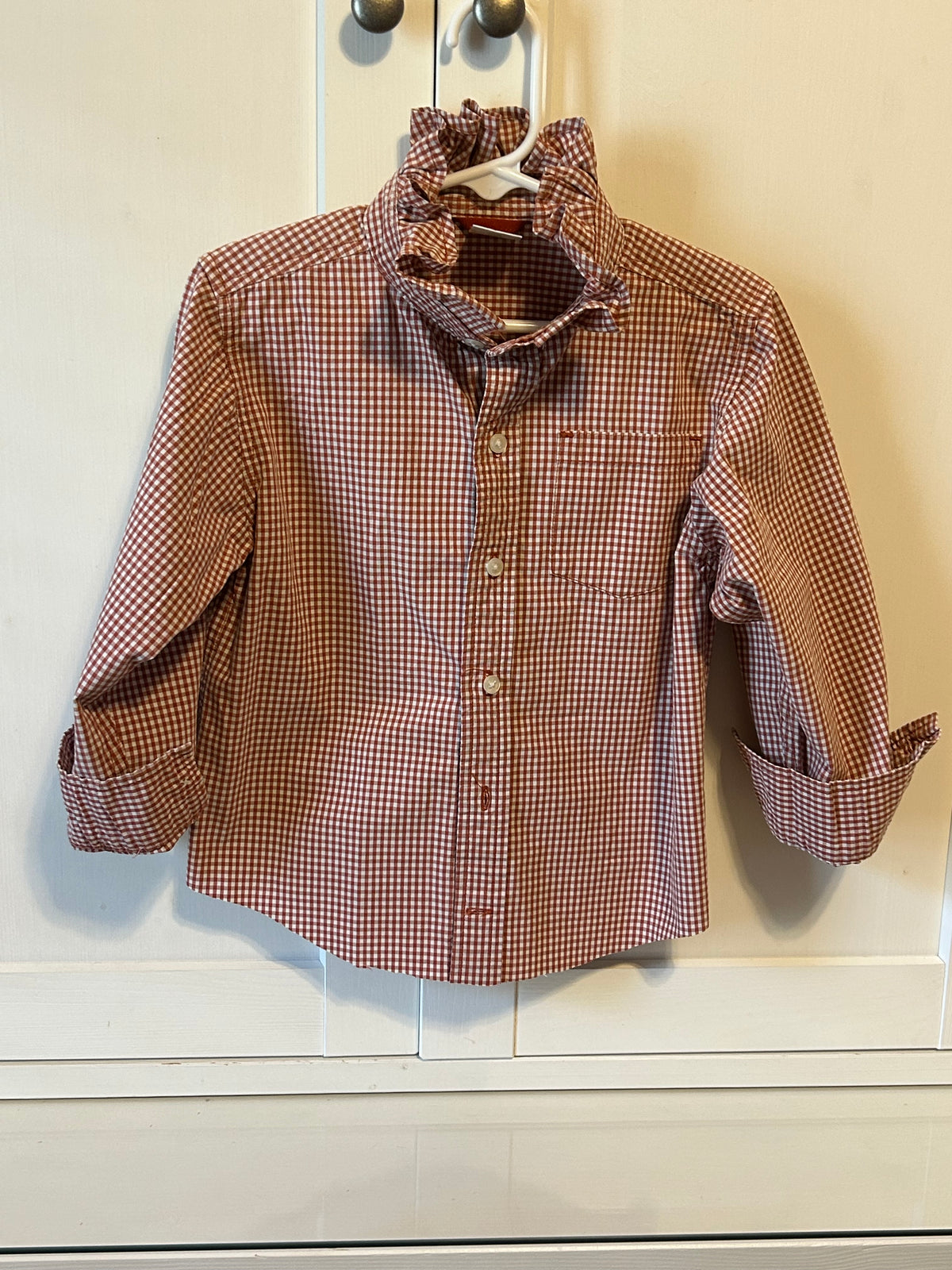 Little Girls Up-Cycled Gymboree Red check Shirt with matching Ruffled collar. Size 4T