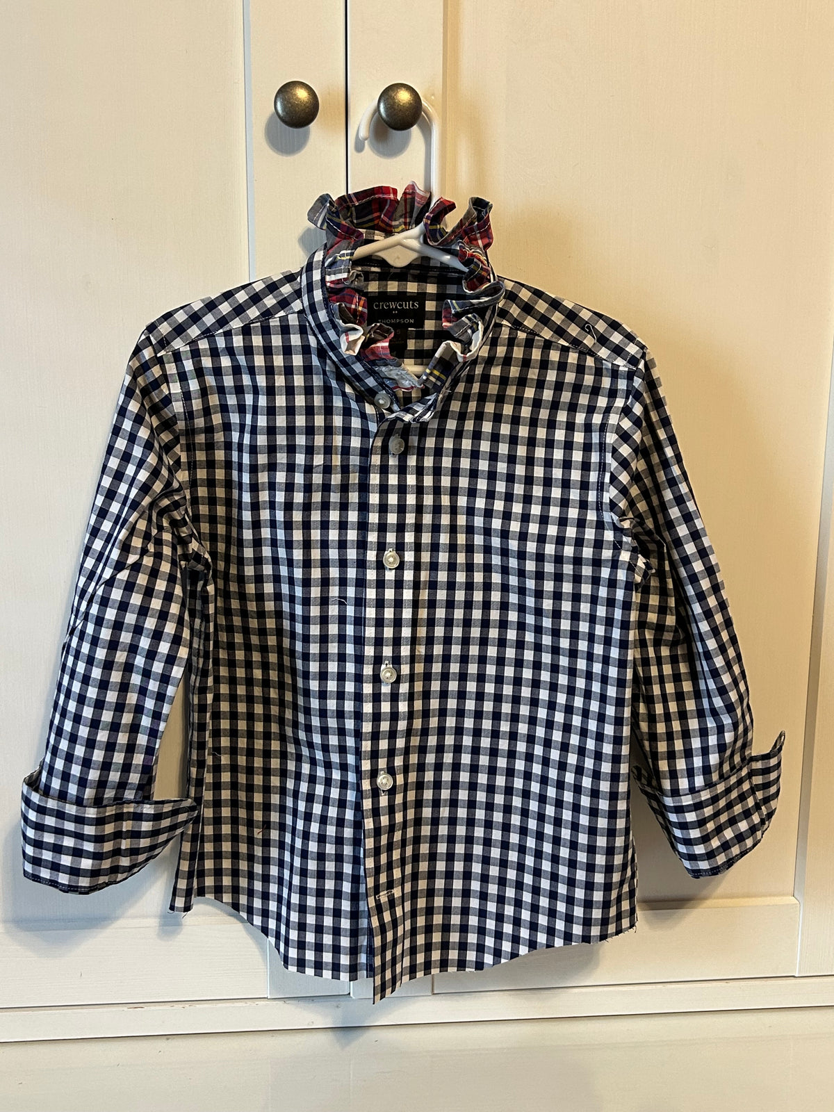 Little Girls Up-Cycled Ludlow Crewcuts Navy Blue & White Plaid Shirt with Plaid Ruffled collar. Size 10