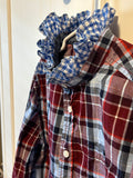 Little Girls Up-Cycled Gymboree Red and Blue Plaid Shirt with Blue and White Ruffled Collar. Size