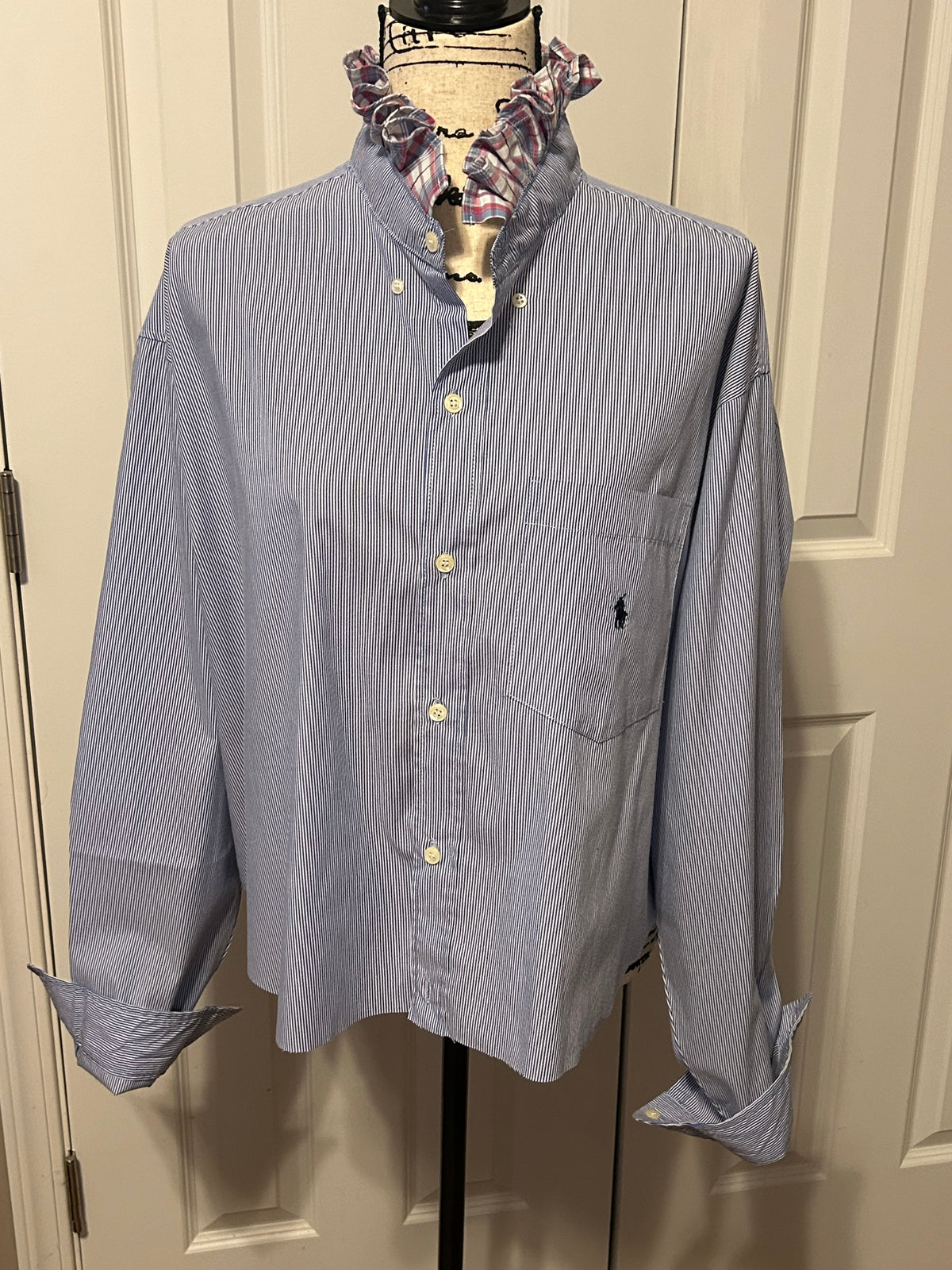 Ladies Up-Cycled Ralph Lauren Blue and White Stripe Shirt with a Ruffled Red Plaid Collar. Size XL