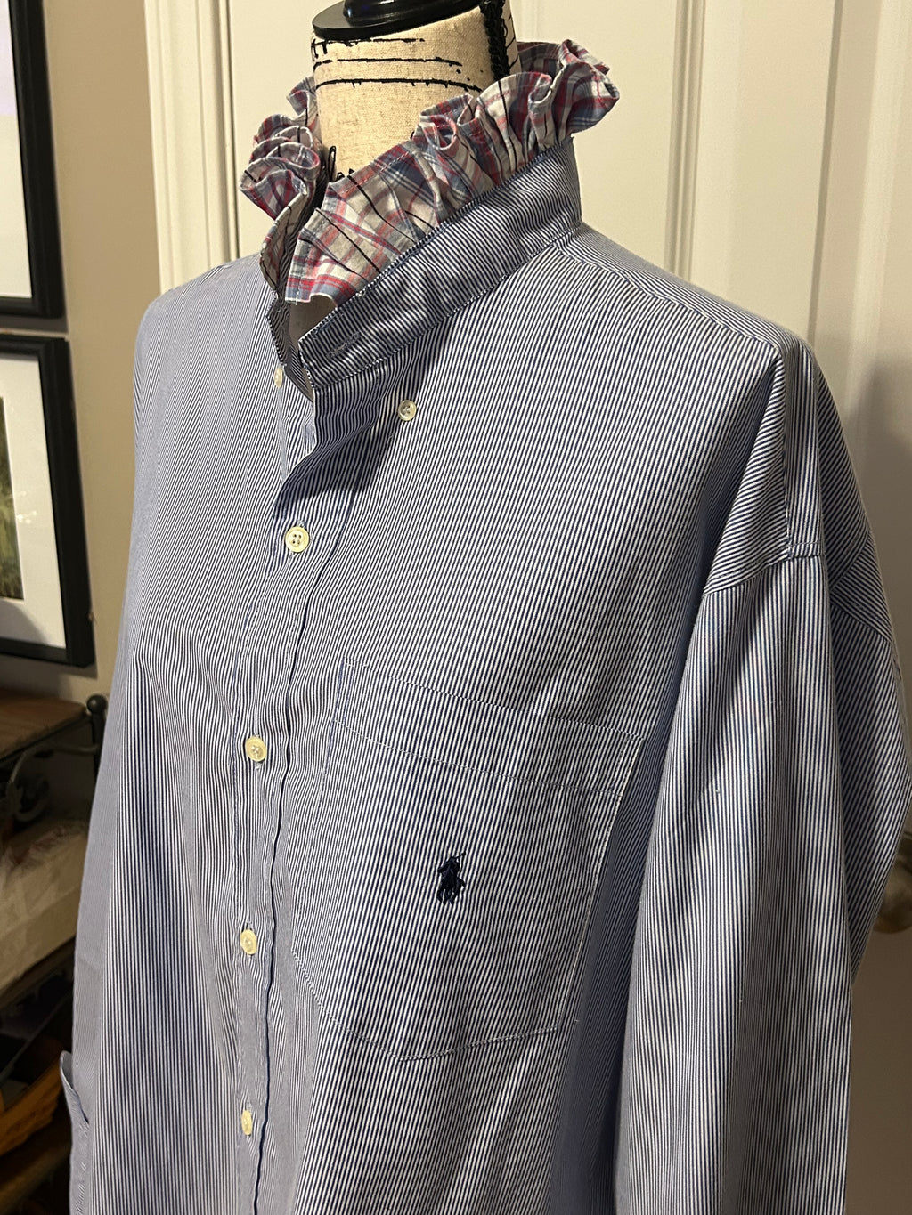 Ladies Up-Cycled Ralph Lauren Blue and White Stripe Shirt with a Ruffled Red Plaid Collar. Size XL