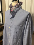 Ladies Up-Cycled Ralph Lauren Blue and White Stripe Shirt with a Ruffled Red Plaid Collar. Size XL