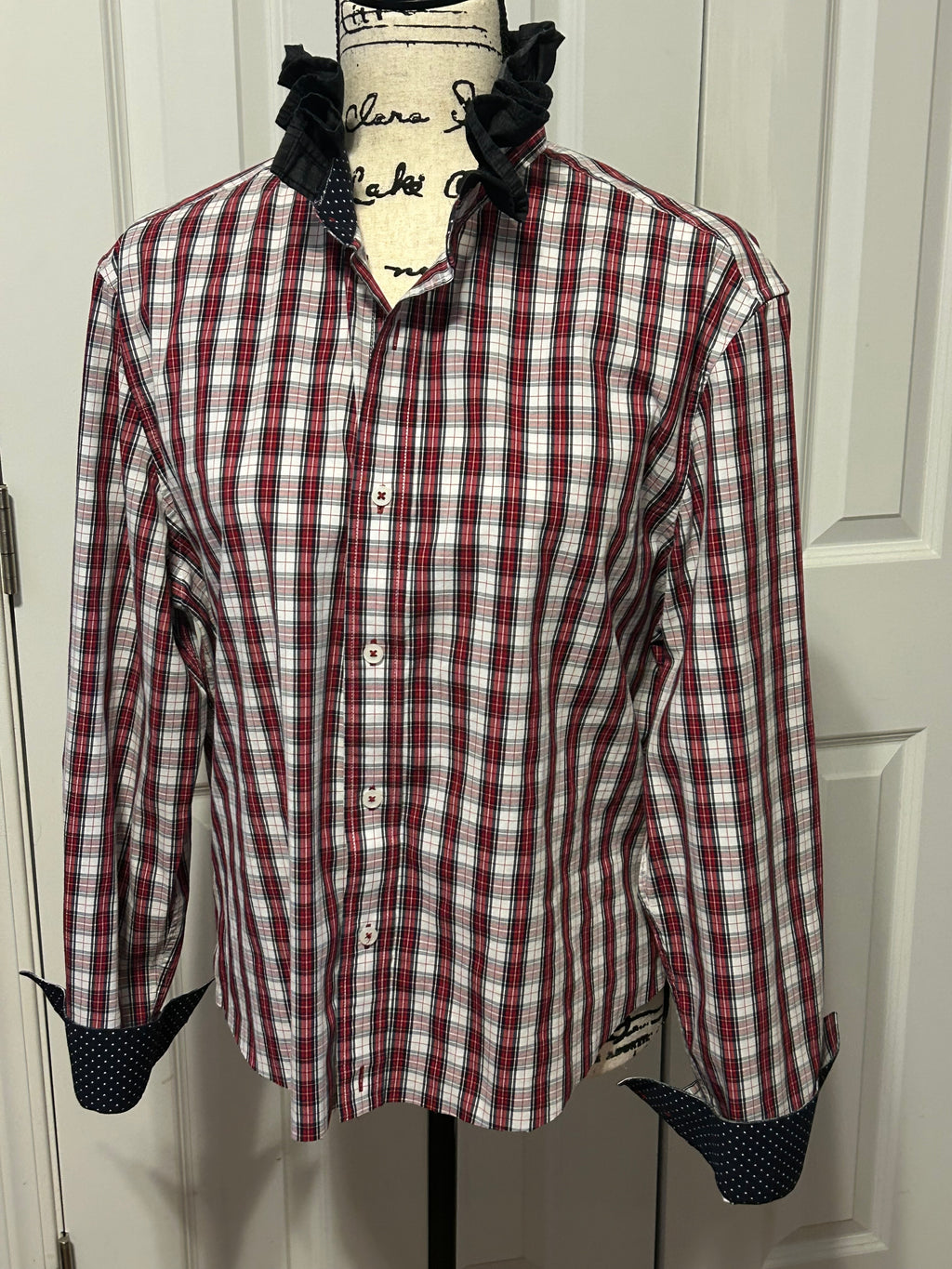 Ladies Up-Cycled Nick Graham Navy Blue, Red and White Checked Shirt with a Navy Blue Ruffled Collar. Size L