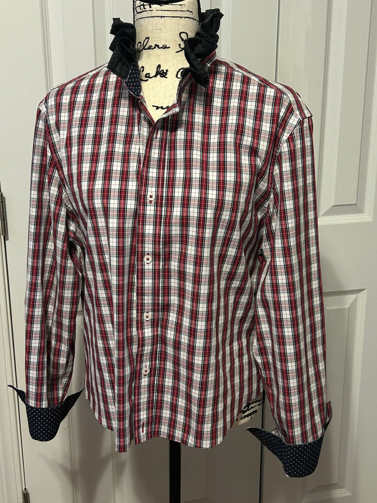 Ladies Up-Cycled Nick Graham Navy Blue, Red and White Checked Shirt with a Navy Blue Ruffled Collar. Size L