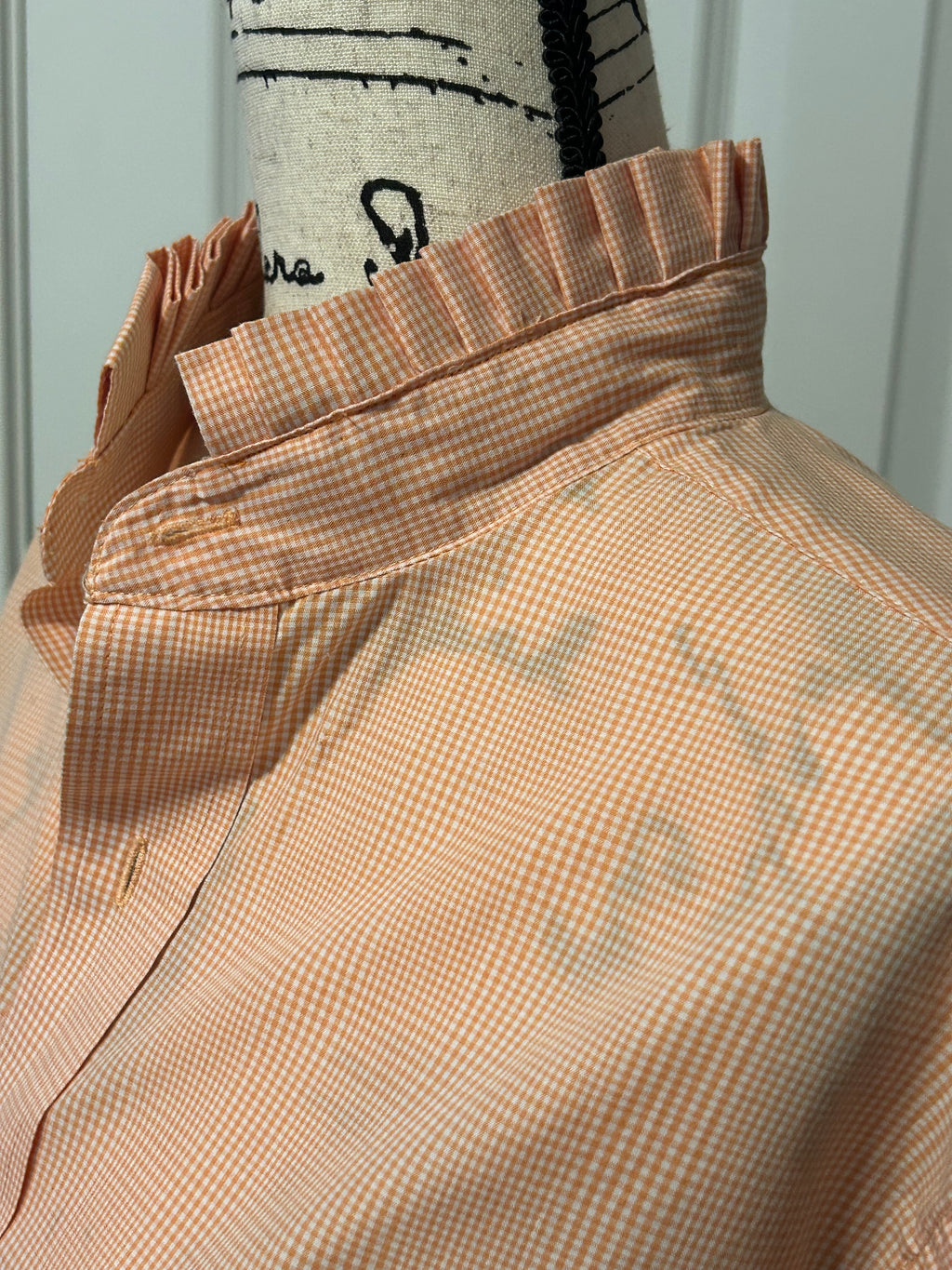 Ladies Up-Cycled Chaps Orange Plaid Shirt and a Plaid Ruffled Collar. Size XL