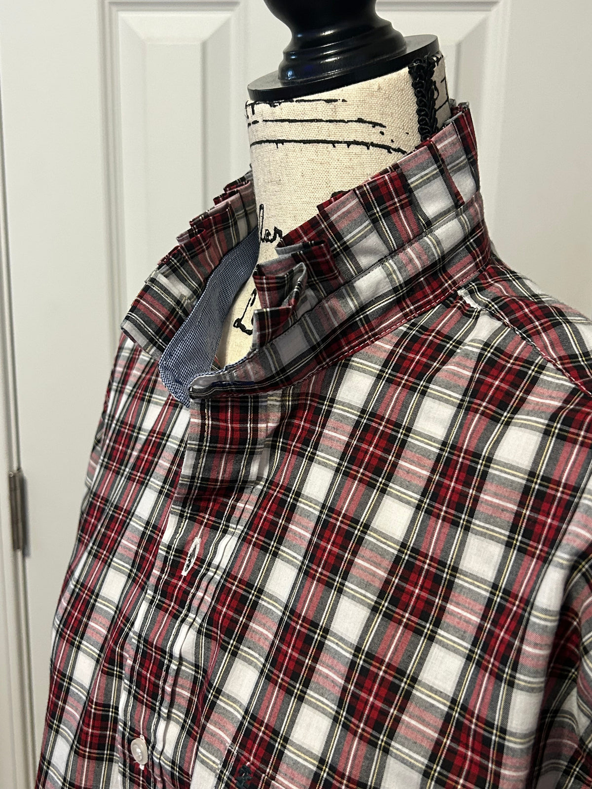 Ladies Up-Cycled Izod Blue & Red Plaid Shirt and a Plaid Ruffled Collar. Size Lg