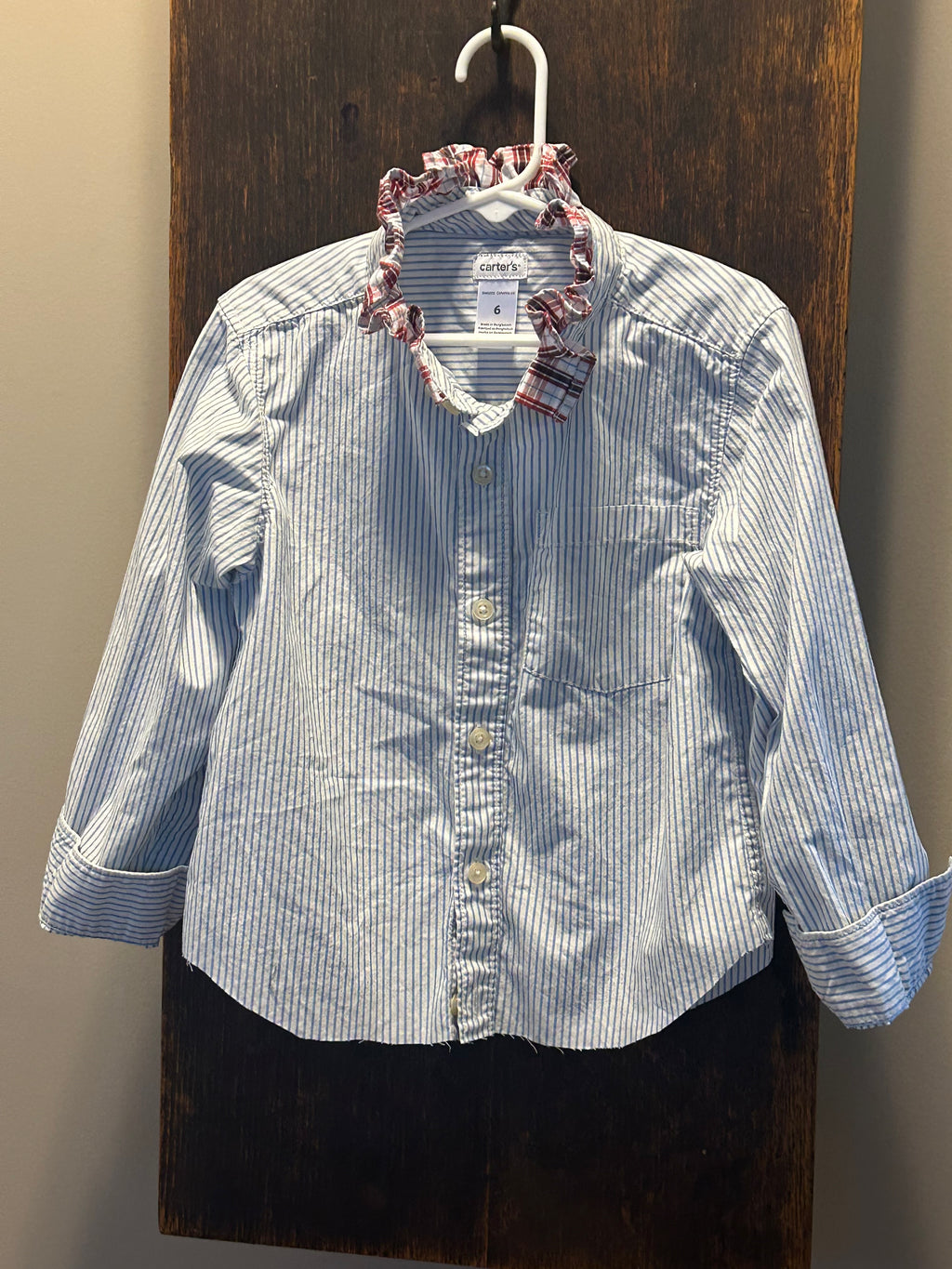 Little Girls Up-Cycled Carter's Light Blue Stripe Shirt with Plaid Ruffled collar. Size 6