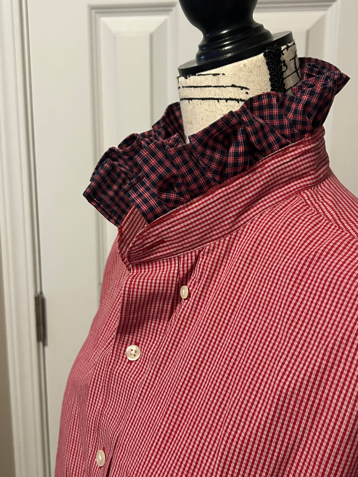 Ladies Up-Cycled Izod Red Checked Shirt with a Red and Blue Ruffled Collar. Size LG