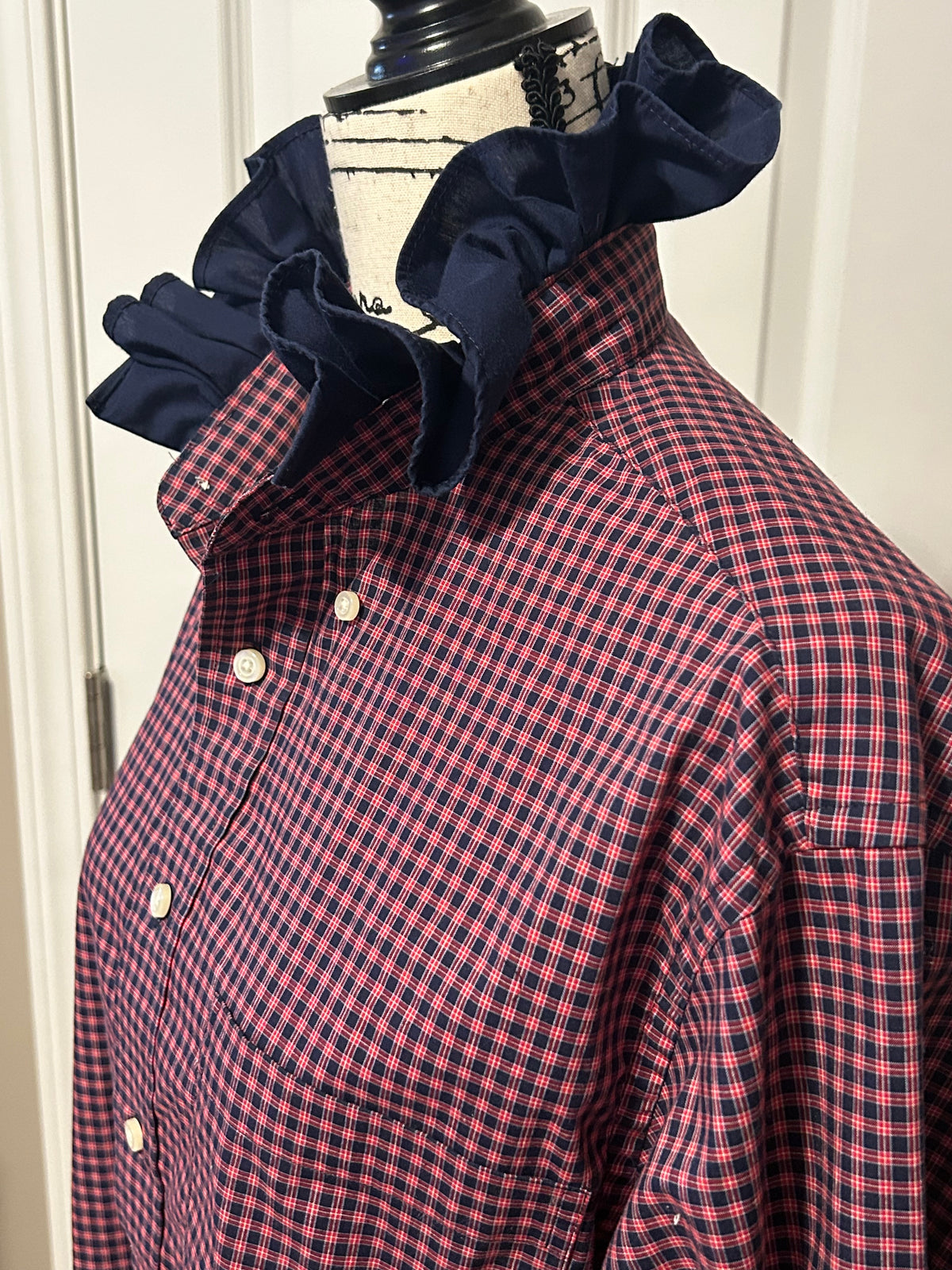 Ladies Up-Cycled Jos A Banks Red Plaid Shirt with Navy Ruffled Collar. Size M