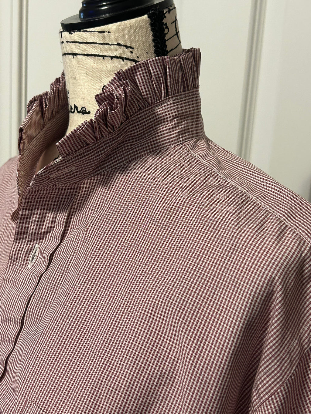Ladies Up-Cycled Robert Talbott Red Checked Shirt with a Pleated Collar. Size XXL