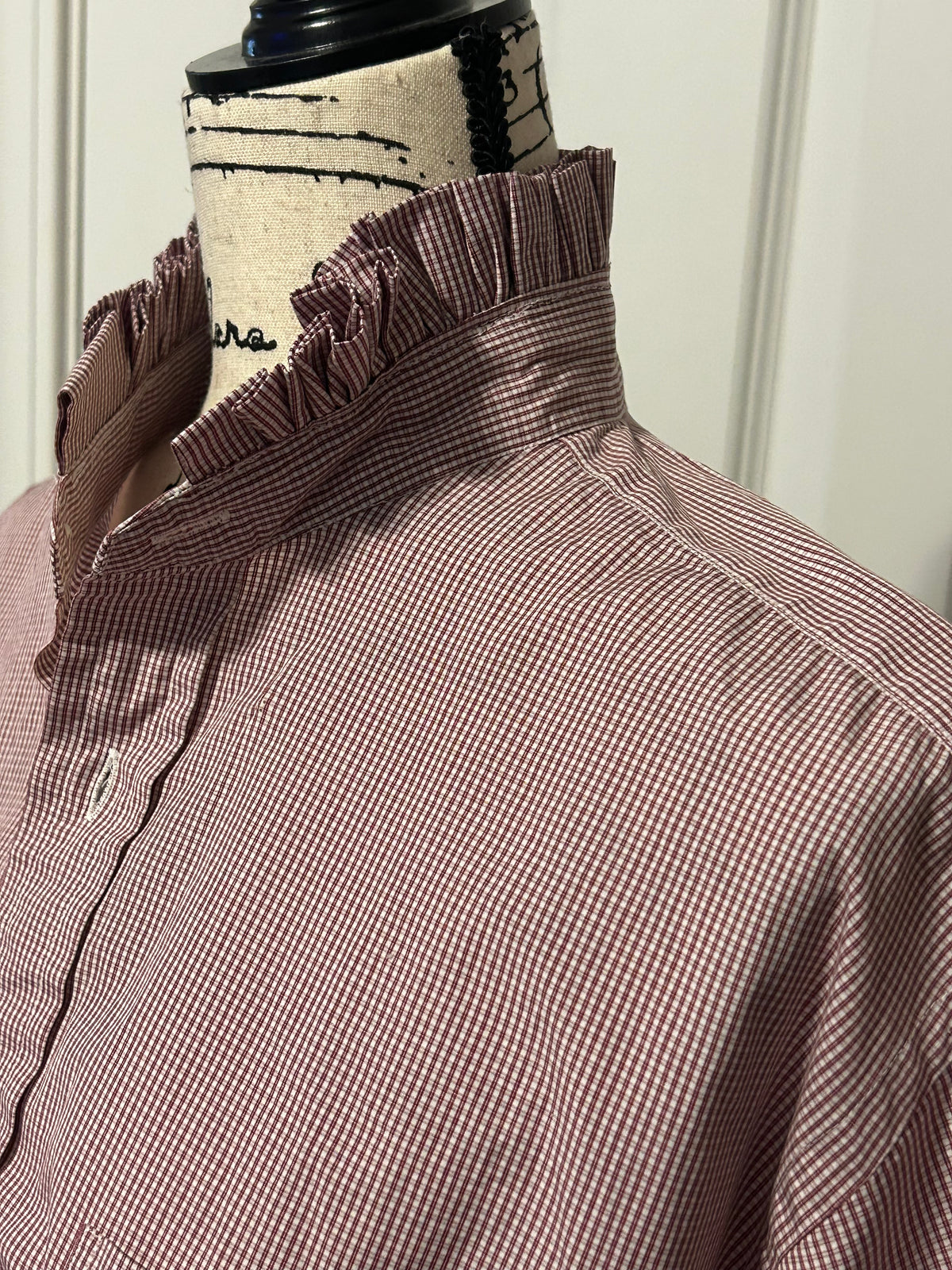 Ladies Up-Cycled Robert Talbott Red Checked Shirt with a Pleated Collar. Size XXL