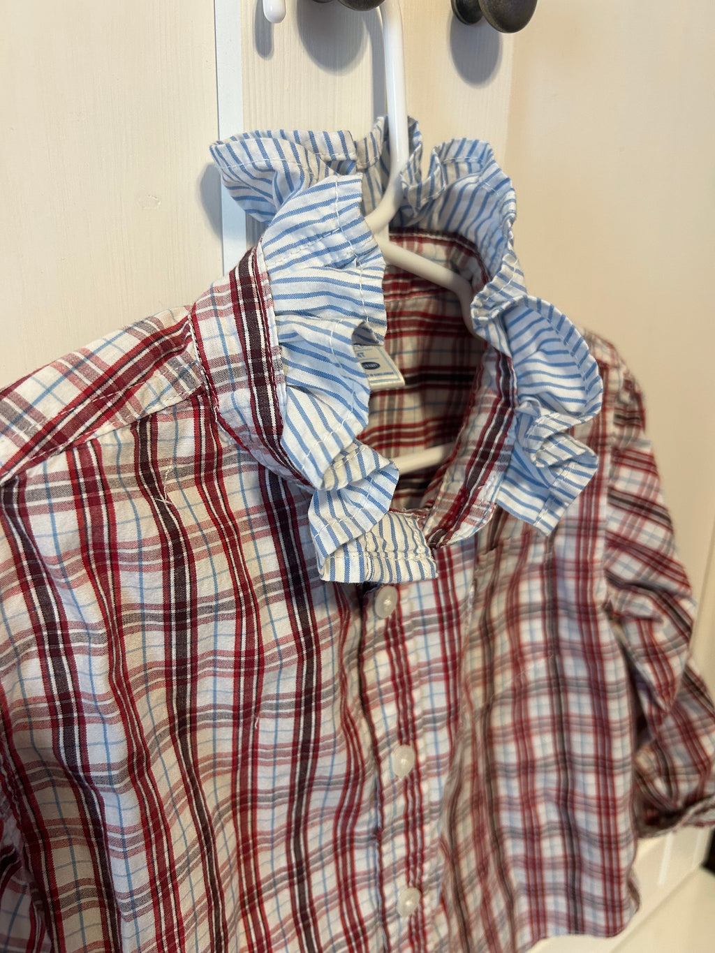 Little Girls Up-Cycled Old Navy Blue & White Plaid Shirt with Light Blue Striped Ruffled collar. Size 4T
