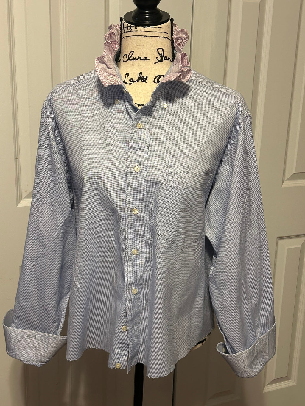 Ladies Up-Cycled Light Blue Checked Shirt with Red Ruffled Collar. Size L