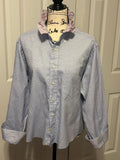 Ladies Up-Cycled Light Blue Checked Shirt with Red Ruffled Collar. Size L