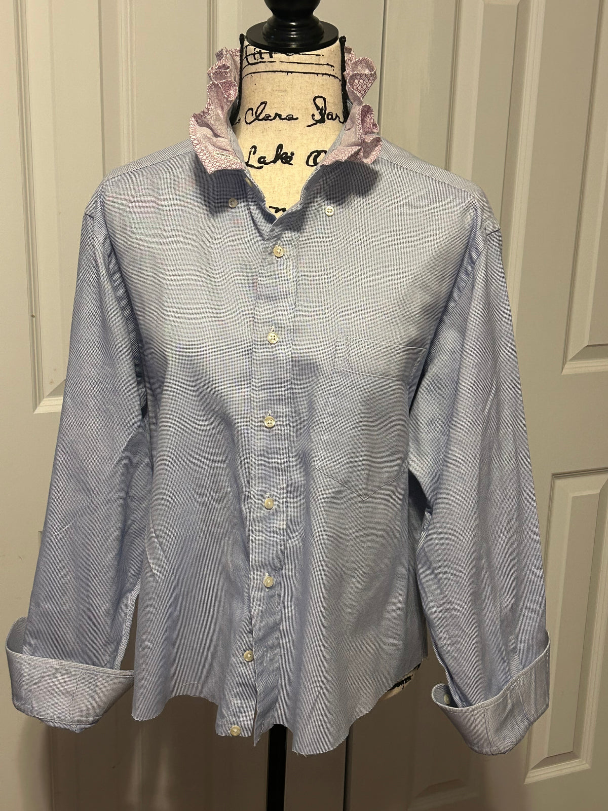 Ladies Up-Cycled Light Blue Checked Shirt with Red Ruffled Collar. Size L