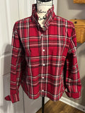 Ladies Up-Cycled The Place RedPlaid Shirt and a Plaid Ruffled Collar. Size XL
