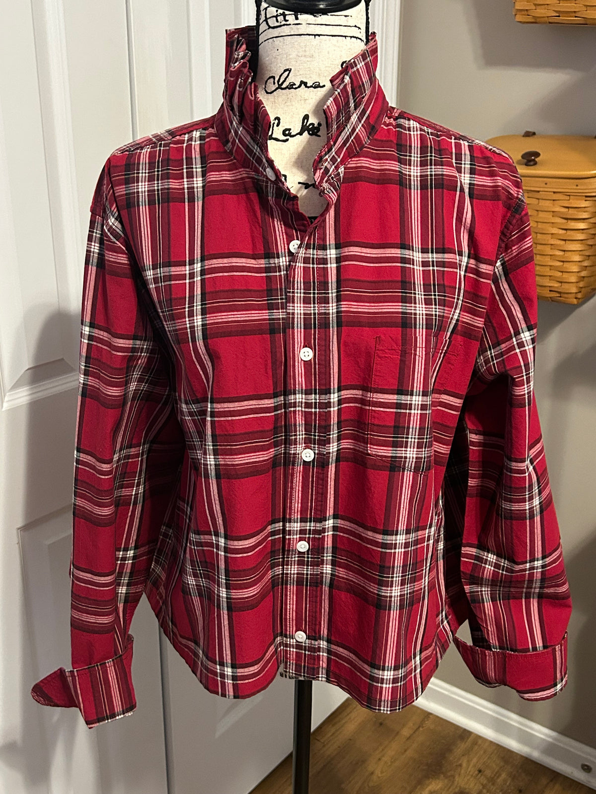 Ladies Up-Cycled The Place RedPlaid Shirt and a Plaid Ruffled Collar. Size XL