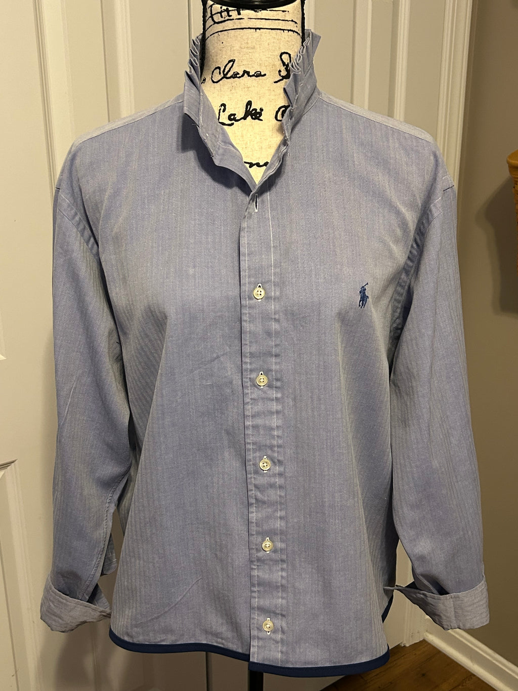 Ladies Up-Cycled Ralph Lauren Blue Plaid Shirt and a Plaid Ruffled Collar. Size Lg