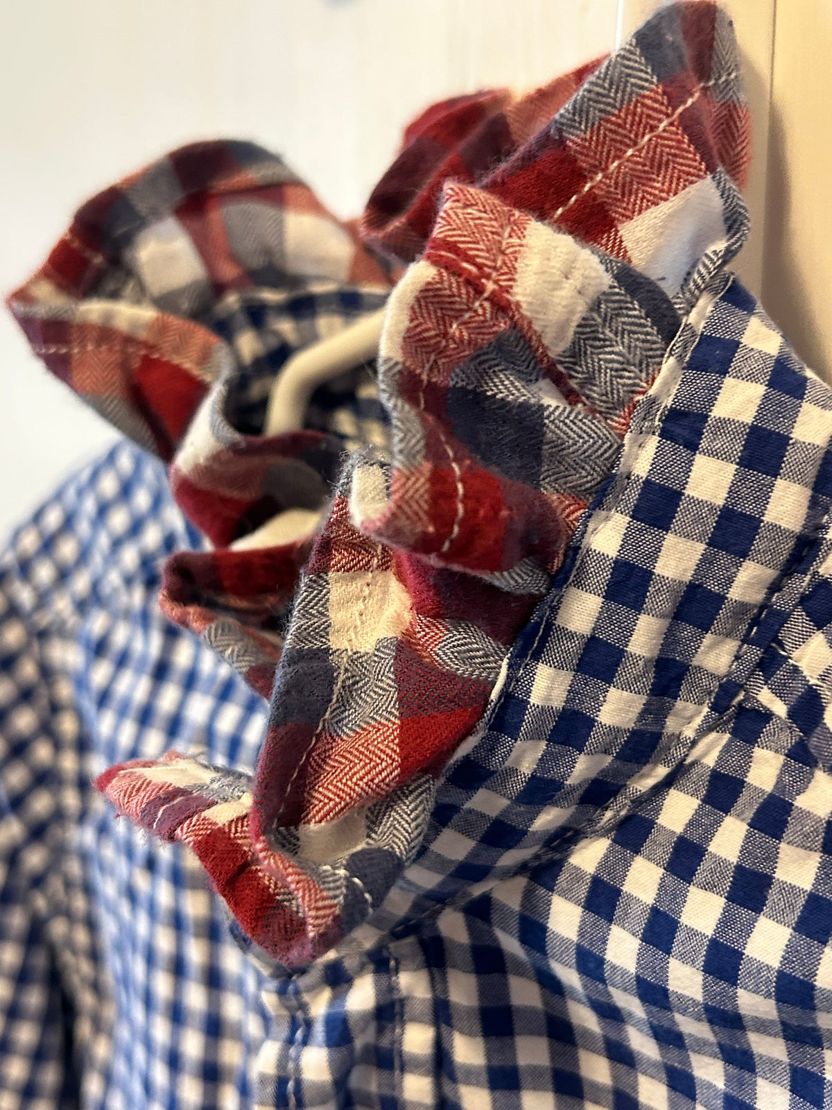 Little Girls Up-Cycled Childrens Place Navy Blue White Plaid Shirt with Red and Blue Plaid Ruffled collar. Size S