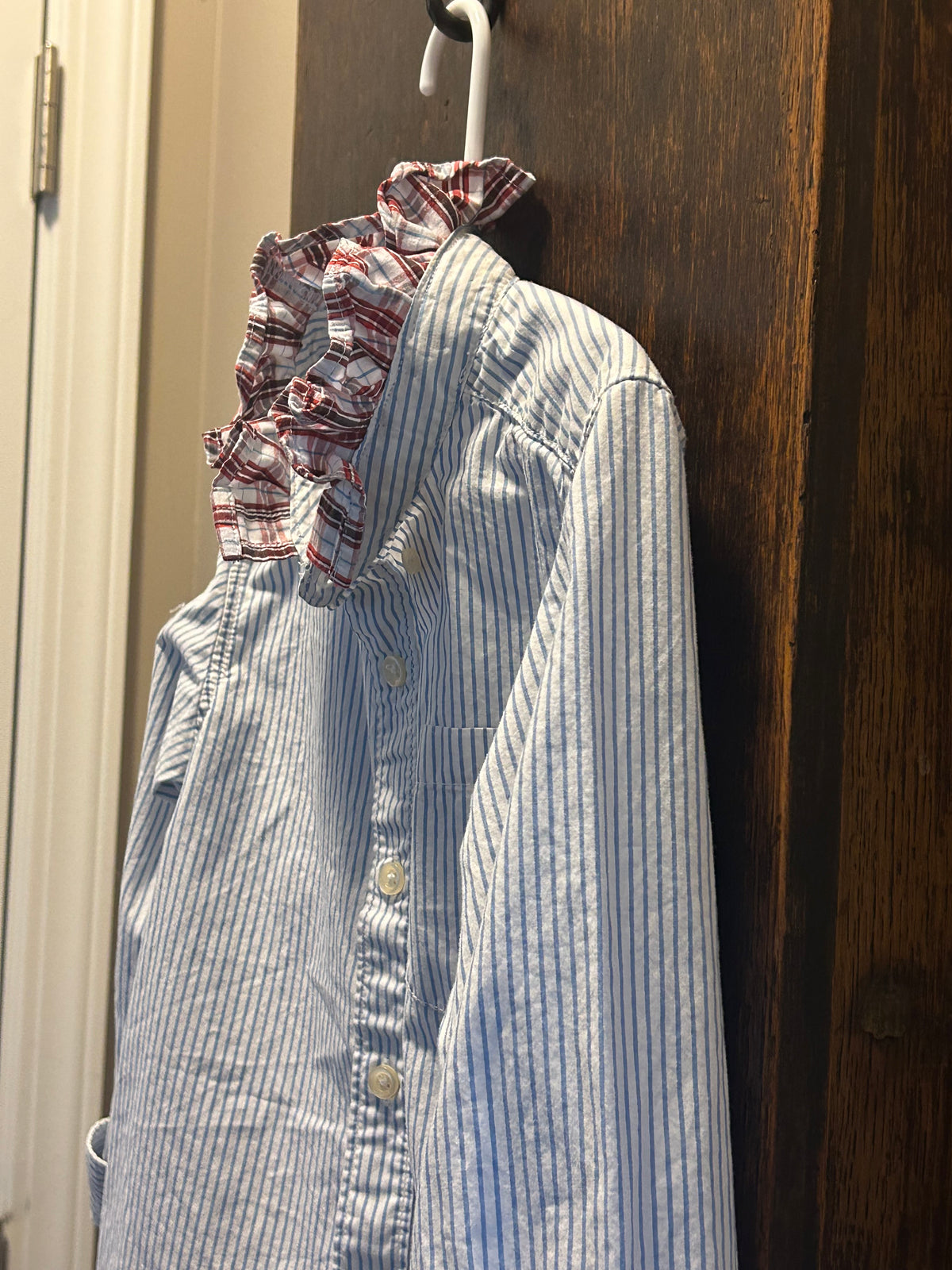 Little Girls Up-Cycled Carter's Light Blue Stripe Shirt with Plaid Ruffled collar. Size 6