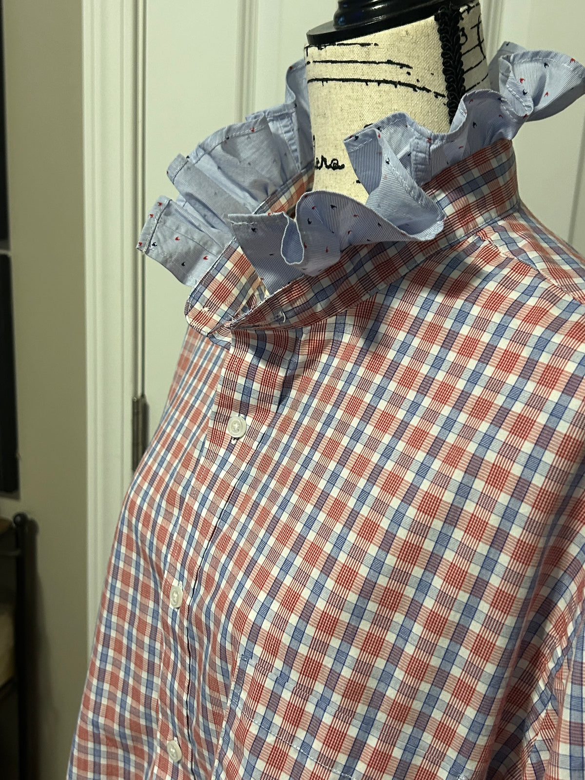 Ladies Up-Cycled Red & Blue Plaid Shirt and a Light Blue Ruffled Collar with Red & Blue Blips of color. Size XL