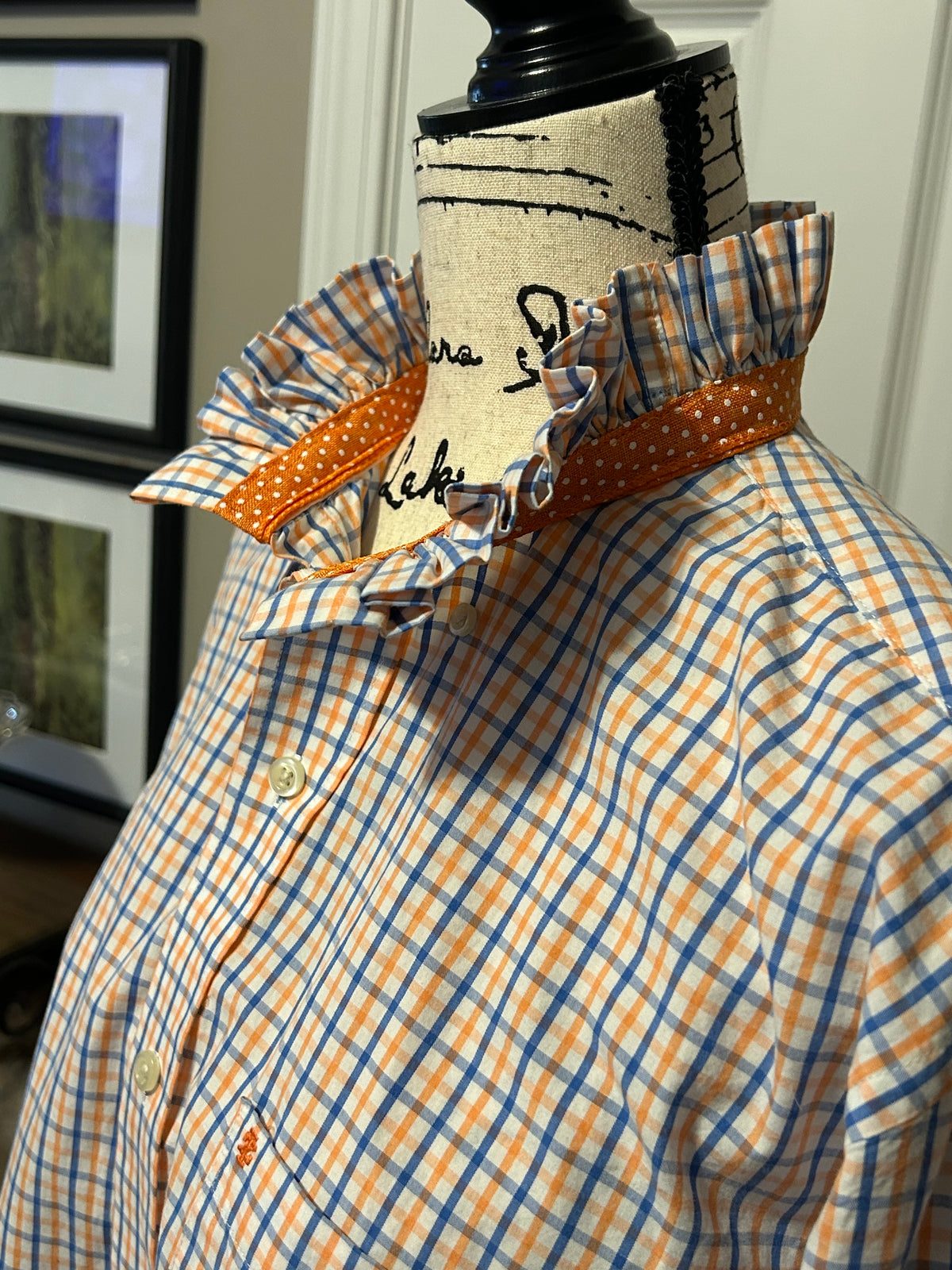 Ladies Up-Cycled Izod Orange/ Blue Plaid Shirt and a Plaid Ruffled Collar. Size M