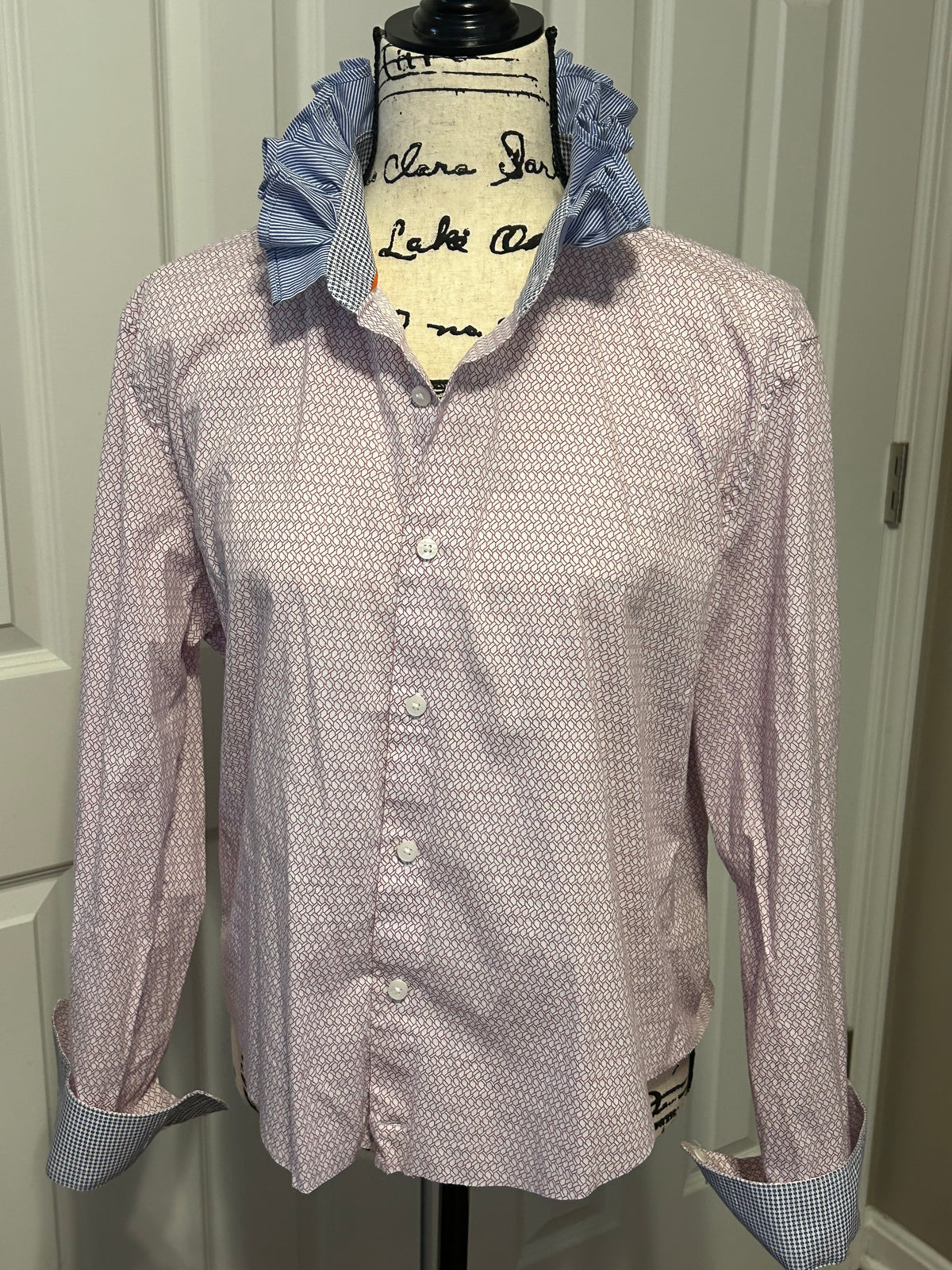 Ladies Up-Cycled Tallia Red Design Shirt with Blue Stripe Ruffles Collar. Size Lg