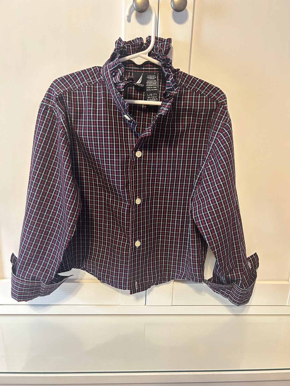 Little Girls Up-Cycled Nautica Navy Blue Plaid Shirt with matching Plaid Ruffled collar. Size 6/7