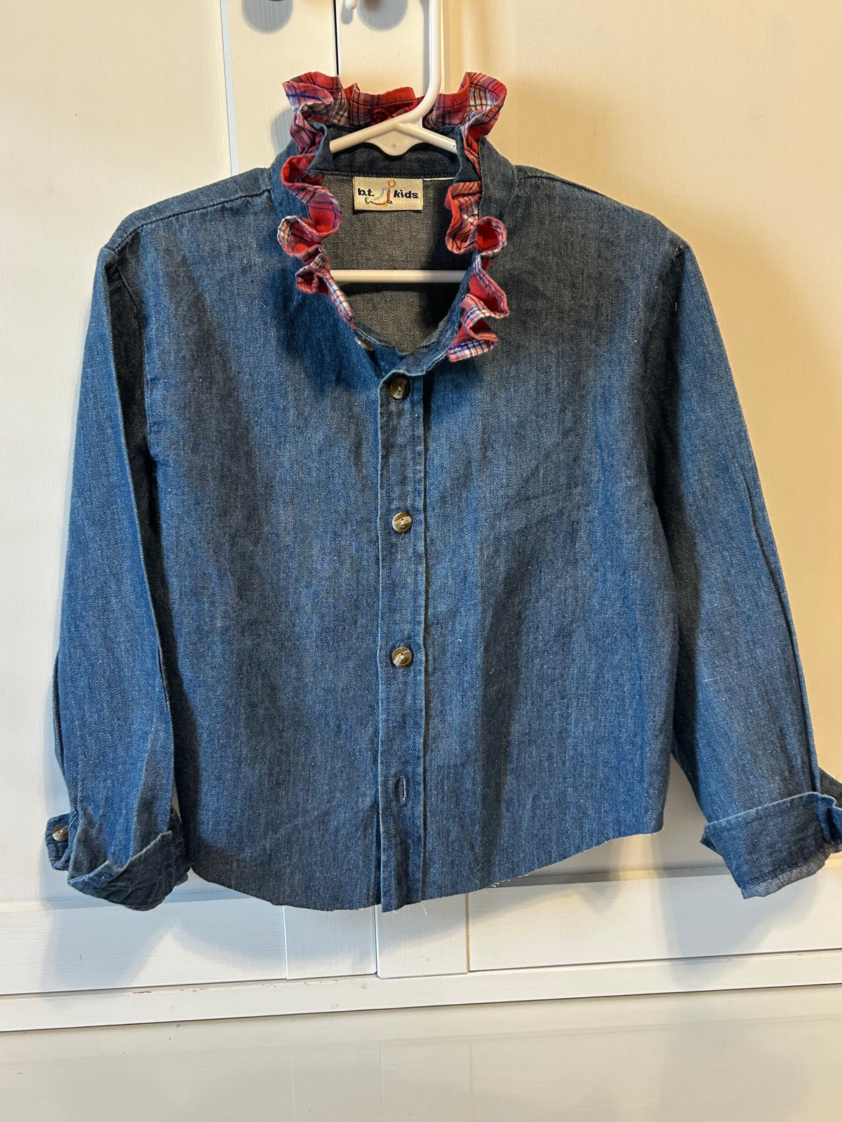 Little Girls Up-Cycled BT Kids Denim Shirt with Plaid Ruffled collar. Size 7