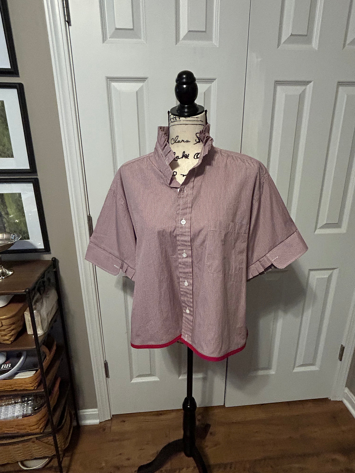 Ladies Up-Cycled Robert Talbott Red Checked Shirt with a Pleated Collar. Size XXL