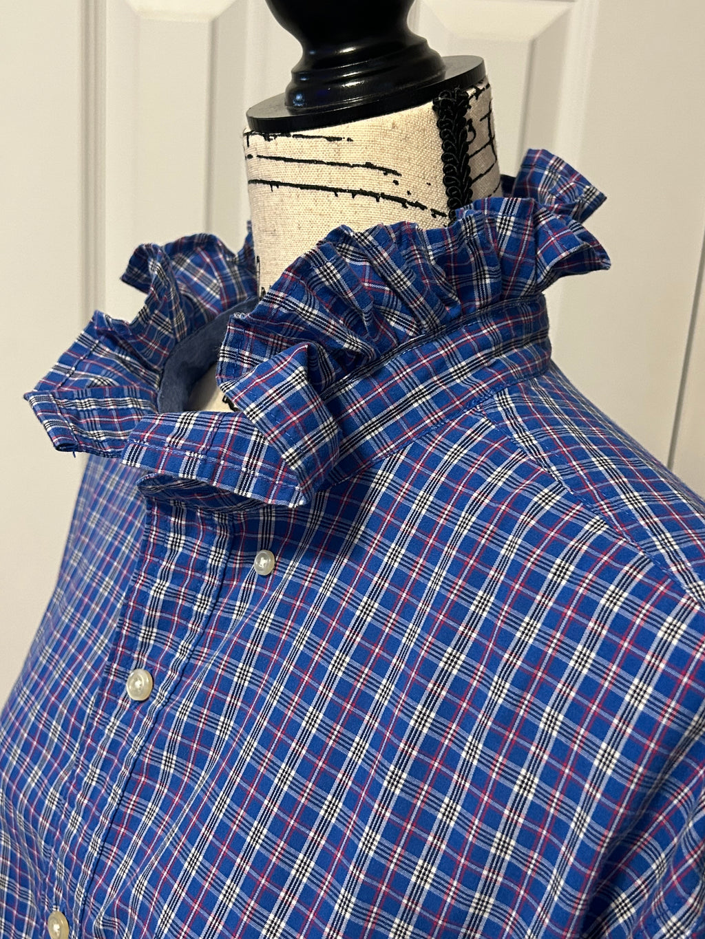 Ladies Up-Cycled Chaps Blue Plaid Shirt with a Ruffled Collar. Size XL.
