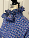 Ladies Up-Cycled Chaps Blue Plaid Shirt with a Ruffled Collar. Size XL.