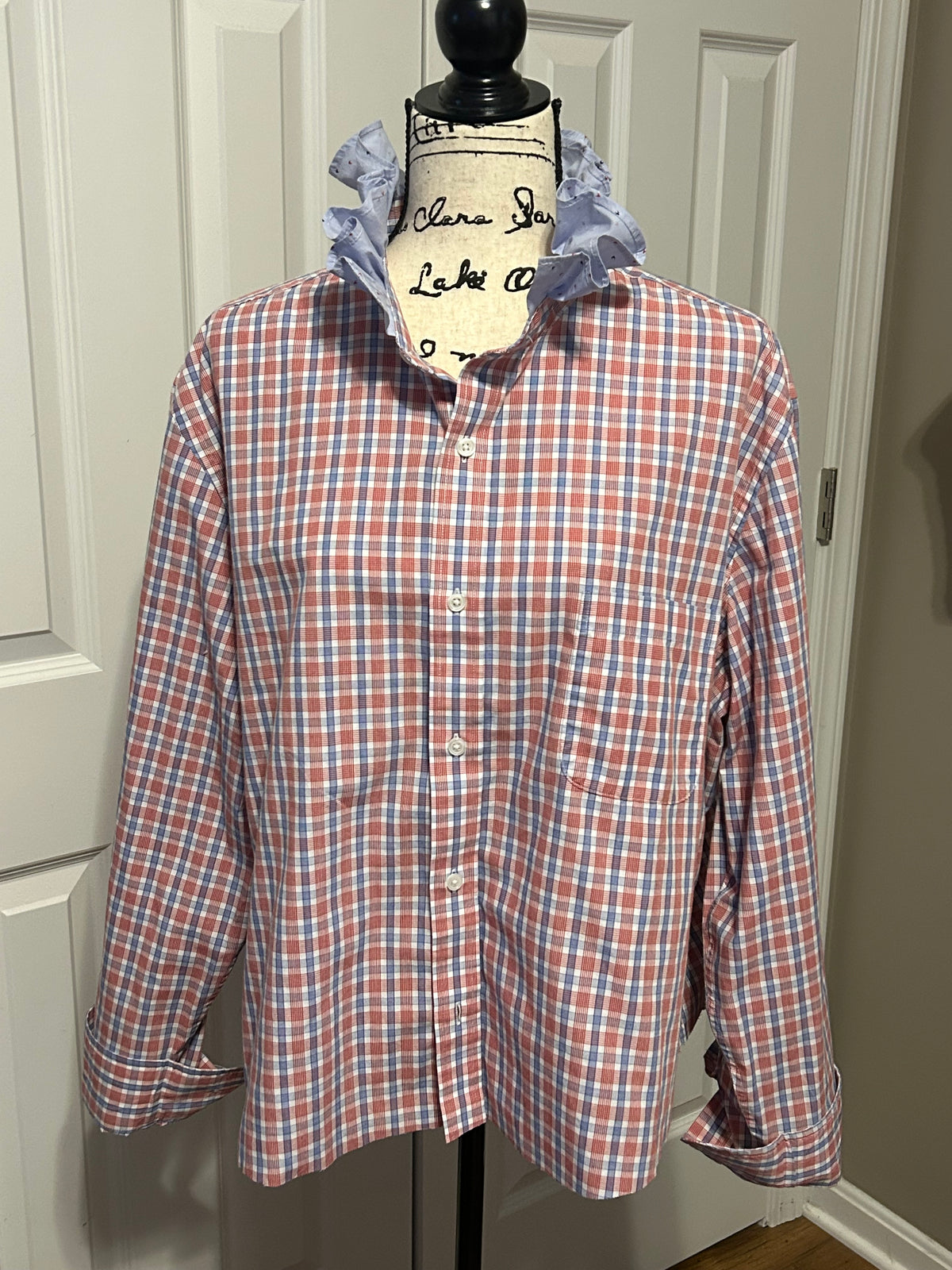 Ladies Up-Cycled Red & Blue Plaid Shirt and a Light Blue Ruffled Collar with Red & Blue Blips of color. Size XL