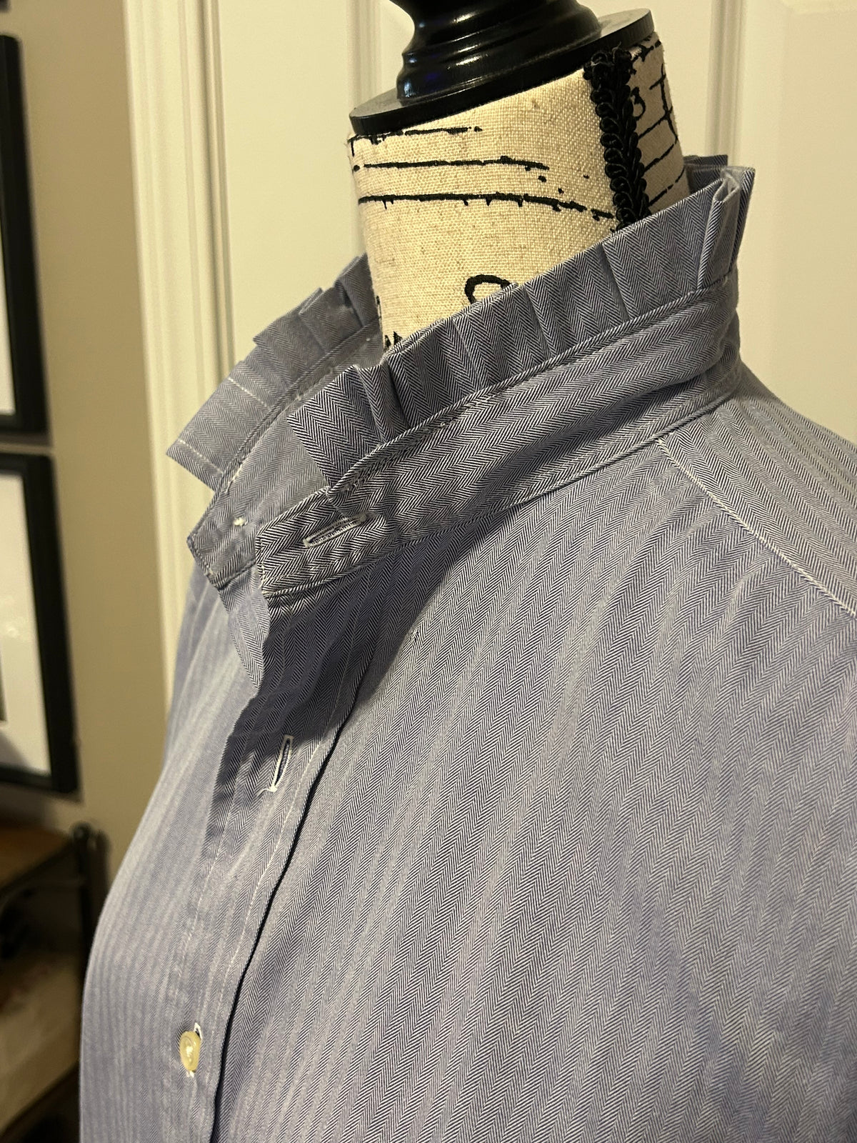 Ladies Up-Cycled Ralph Lauren Blue Plaid Shirt and a Plaid Ruffled Collar. Size Lg