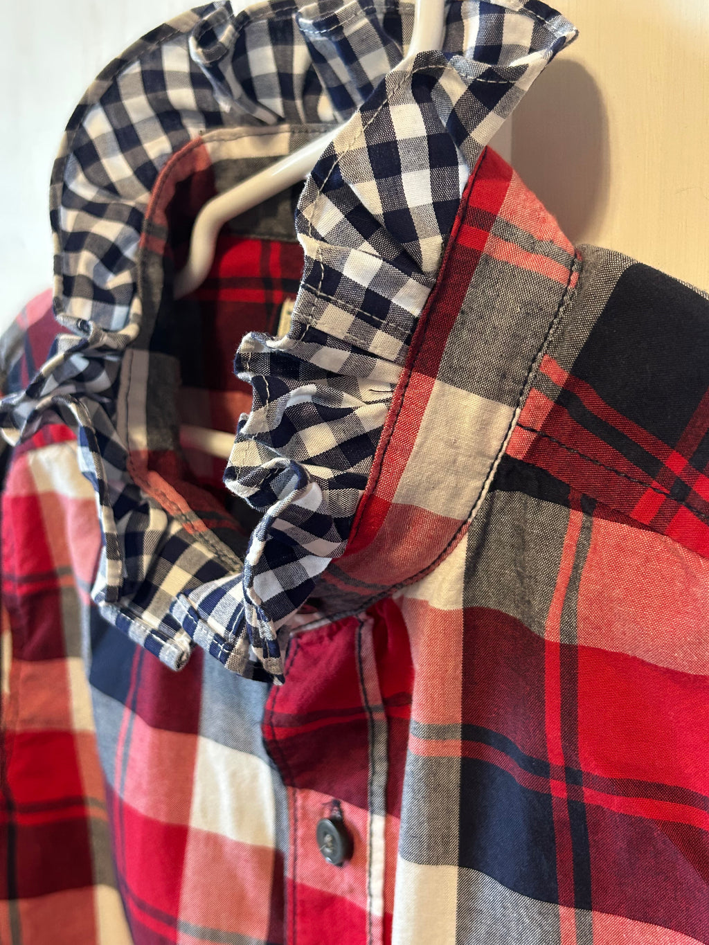Little Girls Up-Cycled Children's Place Red Plaid Shirt with Blue and White Checked Ruffled collar. Size 7