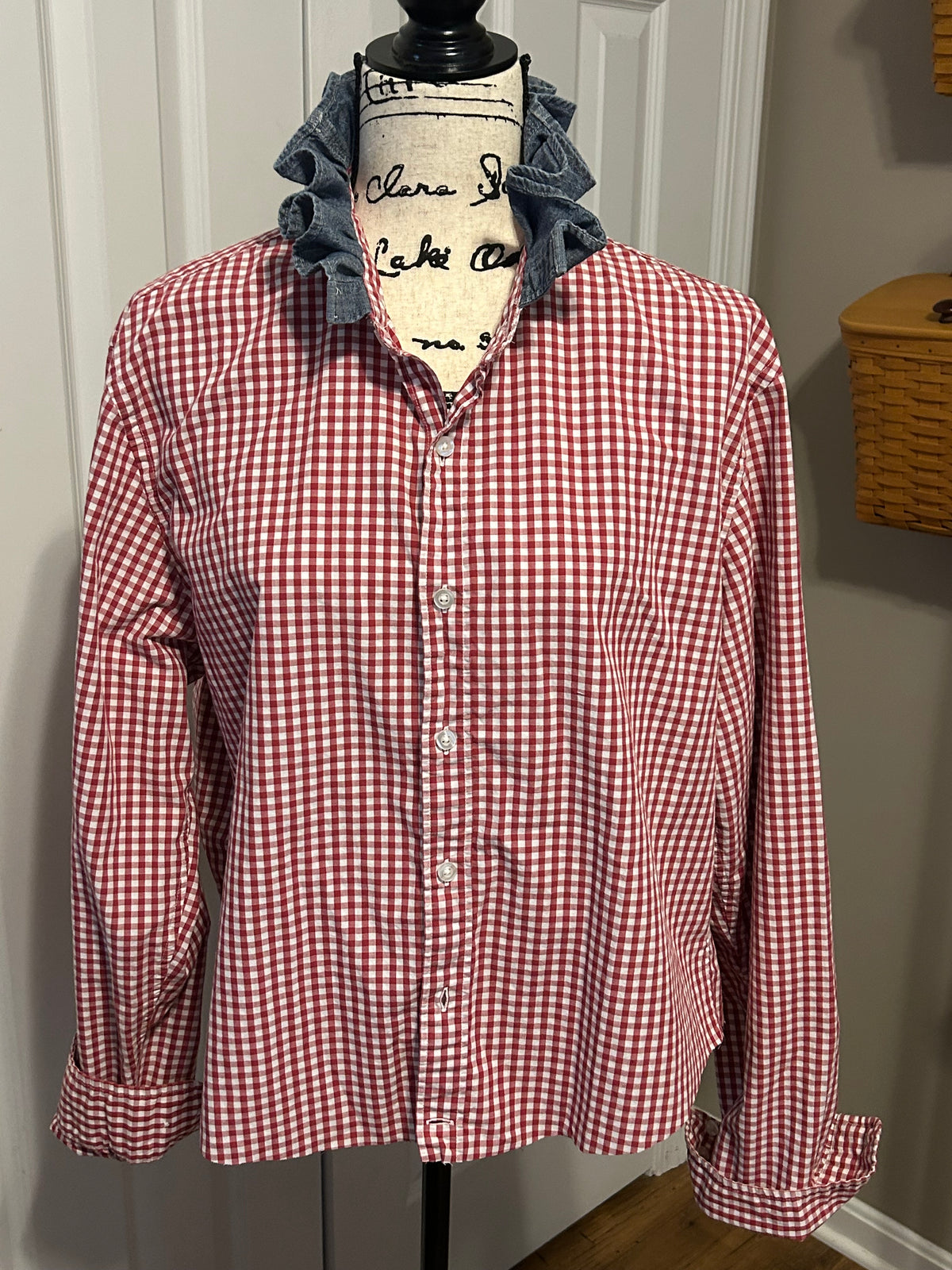 Ladies Up-Cycled Good Threads Red Plaid Shirt with Denim Ruffled Collar. Size Lg