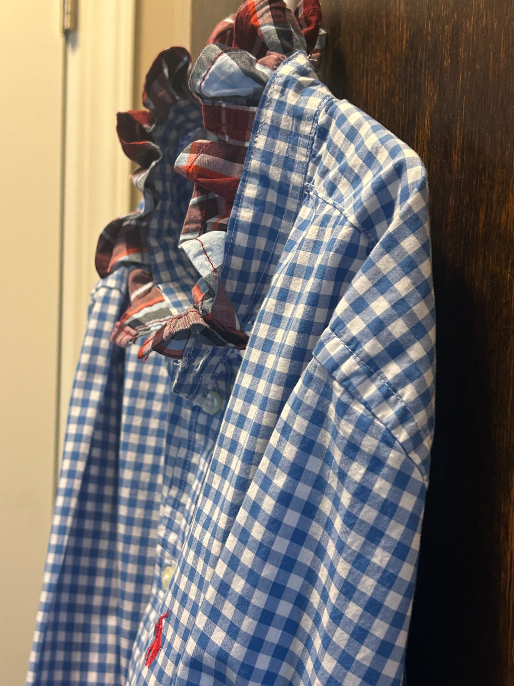 Little Girls Up-Cycled Ralph Lauren Blue and White Checked with a Plaid Ruffle Collar.