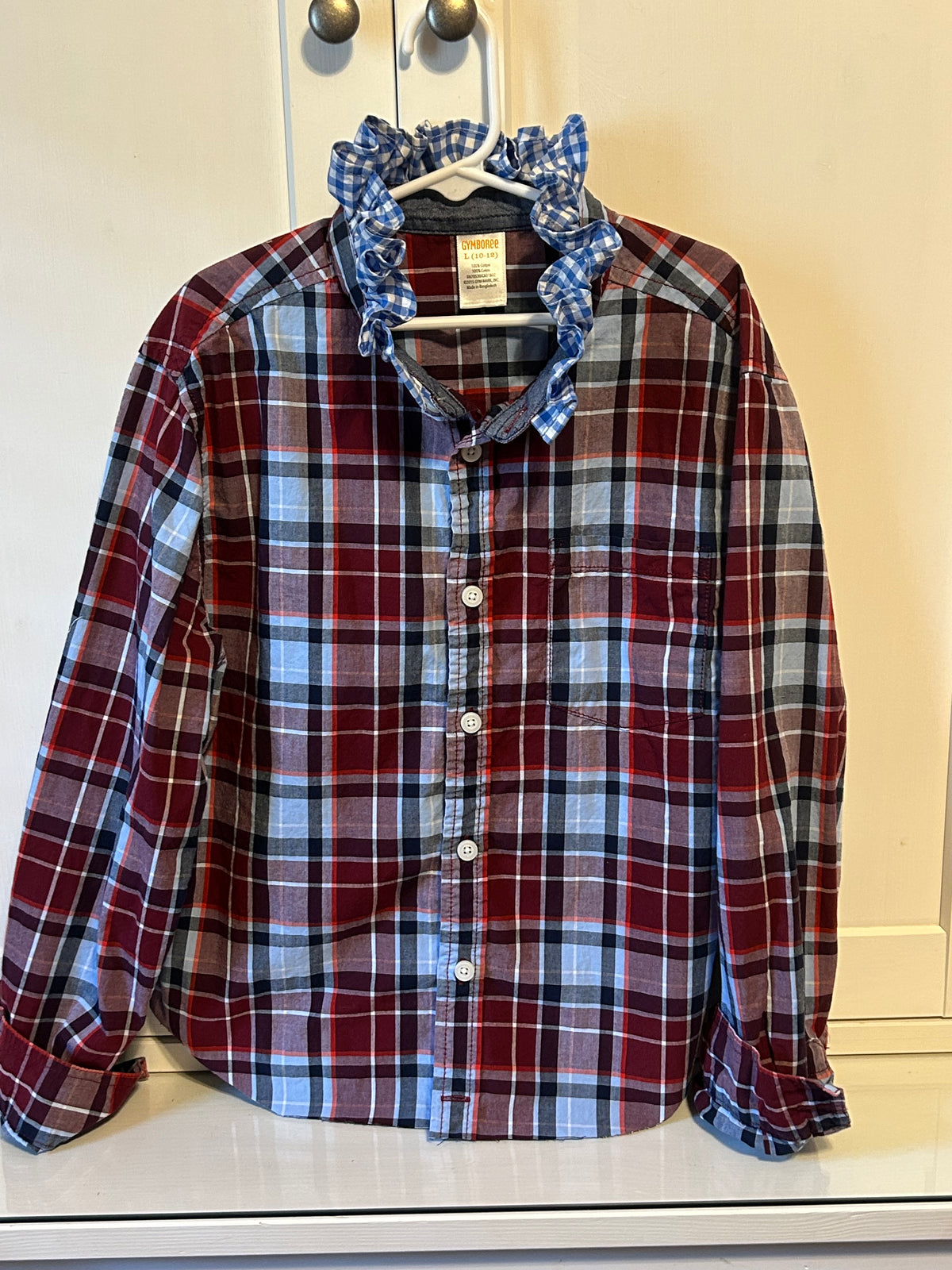 Little Girls Up-Cycled Gymboree Red and Blue Plaid Shirt with Blue and White Ruffled Collar. Size