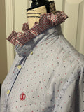 Ladies Up-Cycled El Ganso Light Blue Shirt with Navy Blue and Red Blips of color and a Plaid Ruffled Collar. Size S