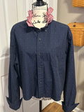 Ladies Up-Cycled Chaps Navy Blue with Little Blips of Red, White and Blue colors with a Ruffled Red Check Collar. Size XL.