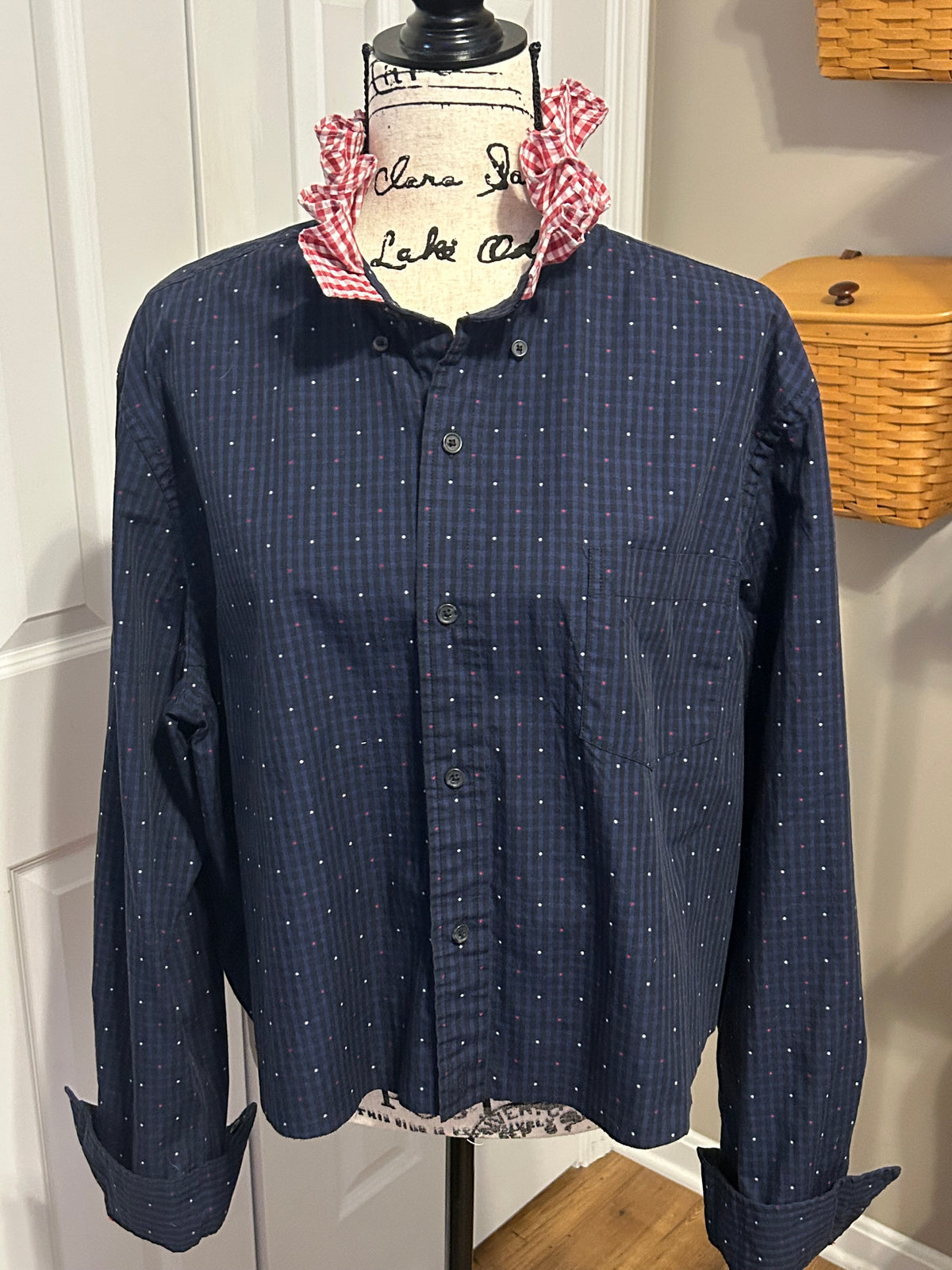 Ladies Up-Cycled Chaps Navy Blue with Little Blips of Red, White and Blue colors with a Ruffled Red Check Collar. Size XL.