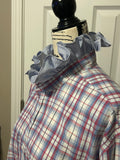 Ladies Up-Cycled Blue Plaid Shirt and a Light Blue Ruffled Collar. Size XXL