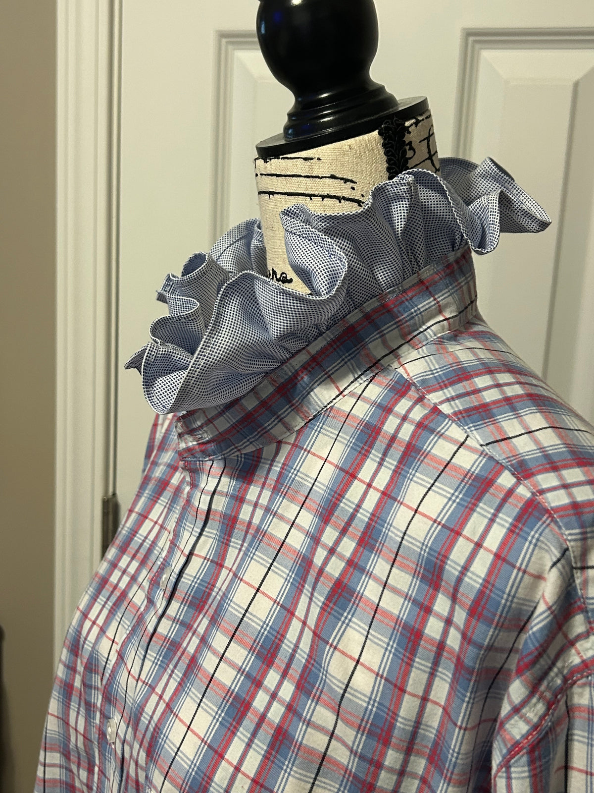 Ladies Up-Cycled Blue Plaid Shirt and a Light Blue Ruffled Collar. Size XXL